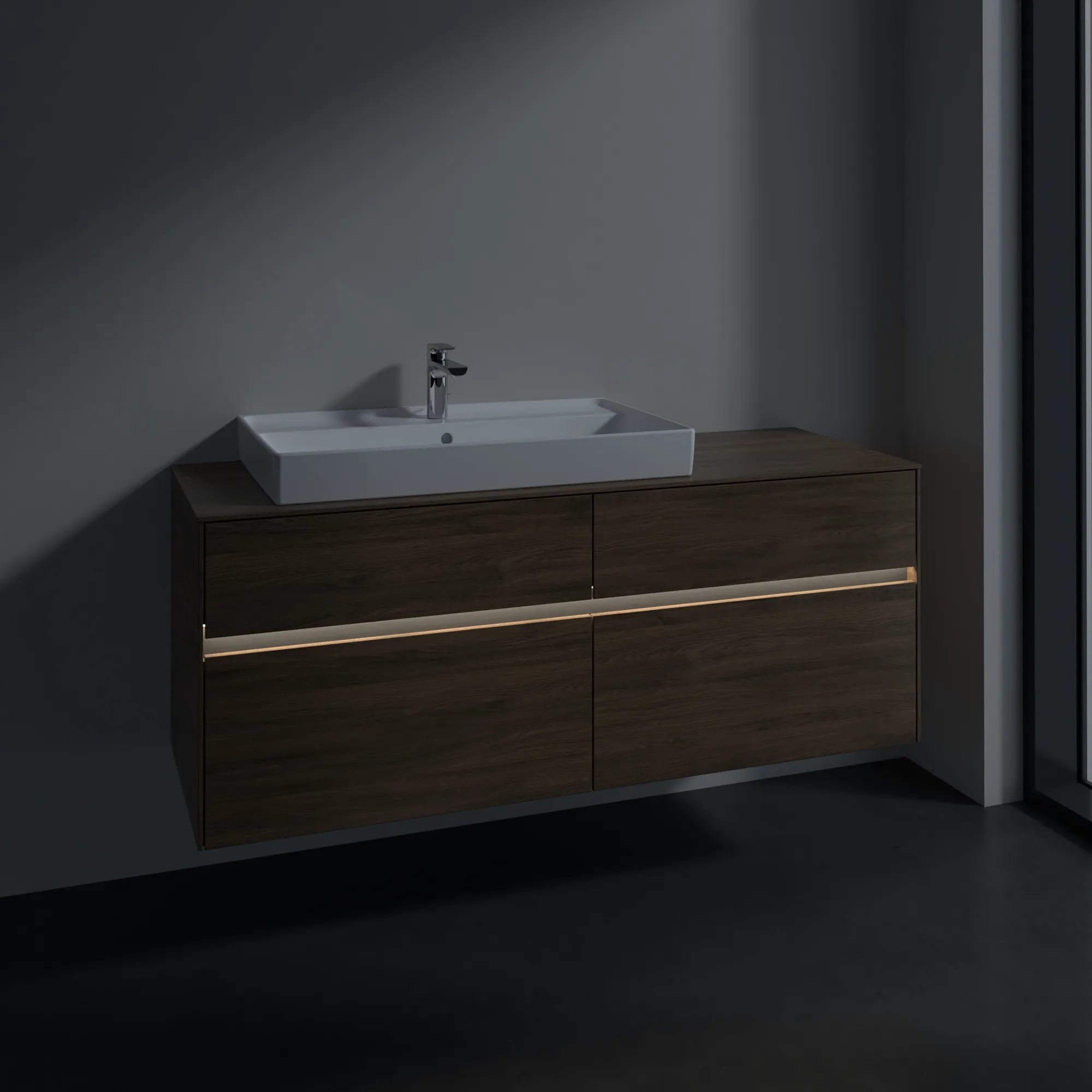 Villeroy & Boch Waschtischunterschrank „Collaro“ 1400 × 548 × 500 mm Arizona Oak, mit Beleuchtung, für Becken links Villeroy & Boch Waschtischunterschrank „Collaro“ 1400 × 548 × 500 mm Arizona Oak, mit Beleuchtung, für Becken links