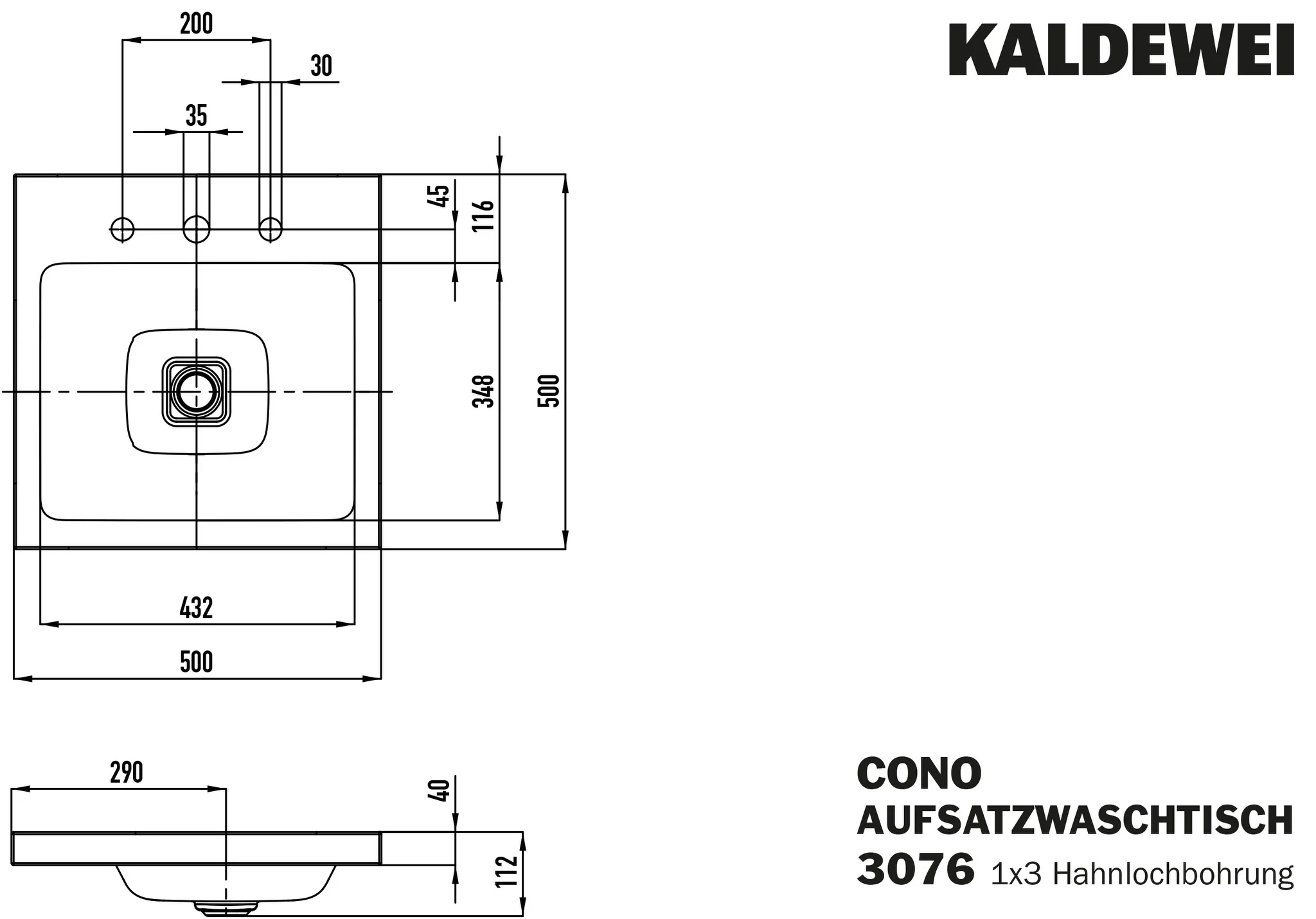 Kaldewei CONO Aufsatzwaschtisch, 500x500 mm, Randhöhe 40 mm, cool grey 70, Perl-Effekt, Antidröhn, 3er Hahnlochbohrung, ohne Überlauf