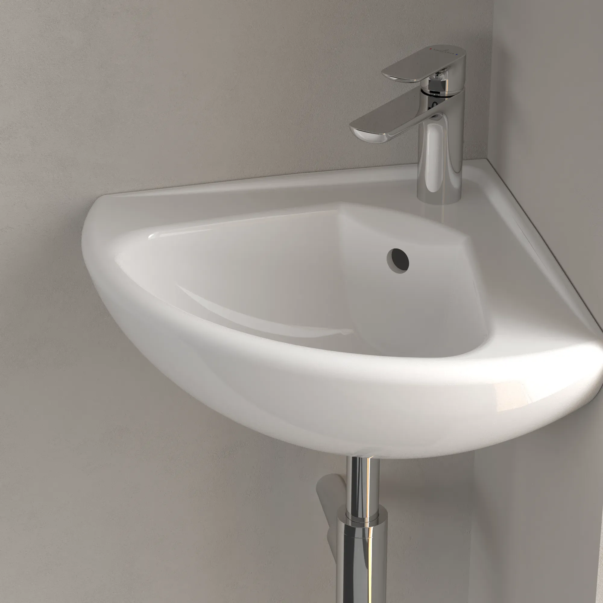 Villeroy & Boch Eck-Handwaschbecken „O.novo“ Compact 415 × 415 × 195 mm, mit Hahnlochbohrung, Hahnlochposition mittig