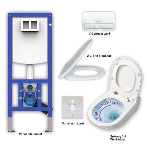 Set aus Subway 3.0 WC CeramicPlus TwistFlush + Slimseat weiß, ViConnect E200 weiß, Element, Schallschutzset