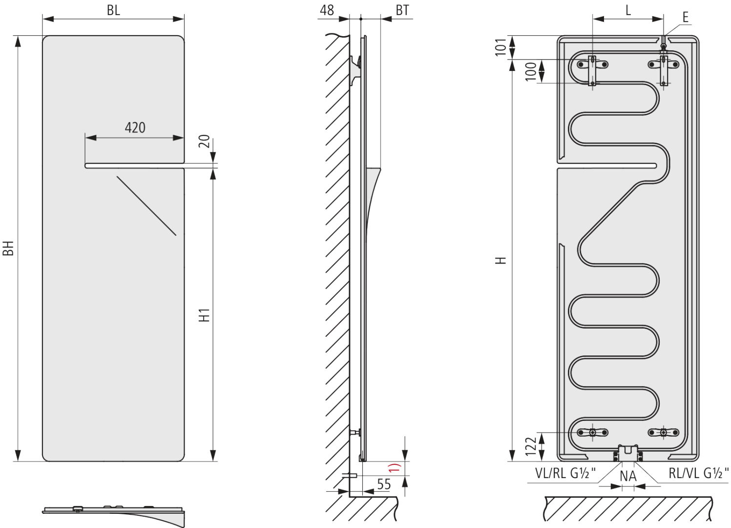 Kermi Design-Heizkörper „Ineo®“ 60 × 140 cm, links in Onyx