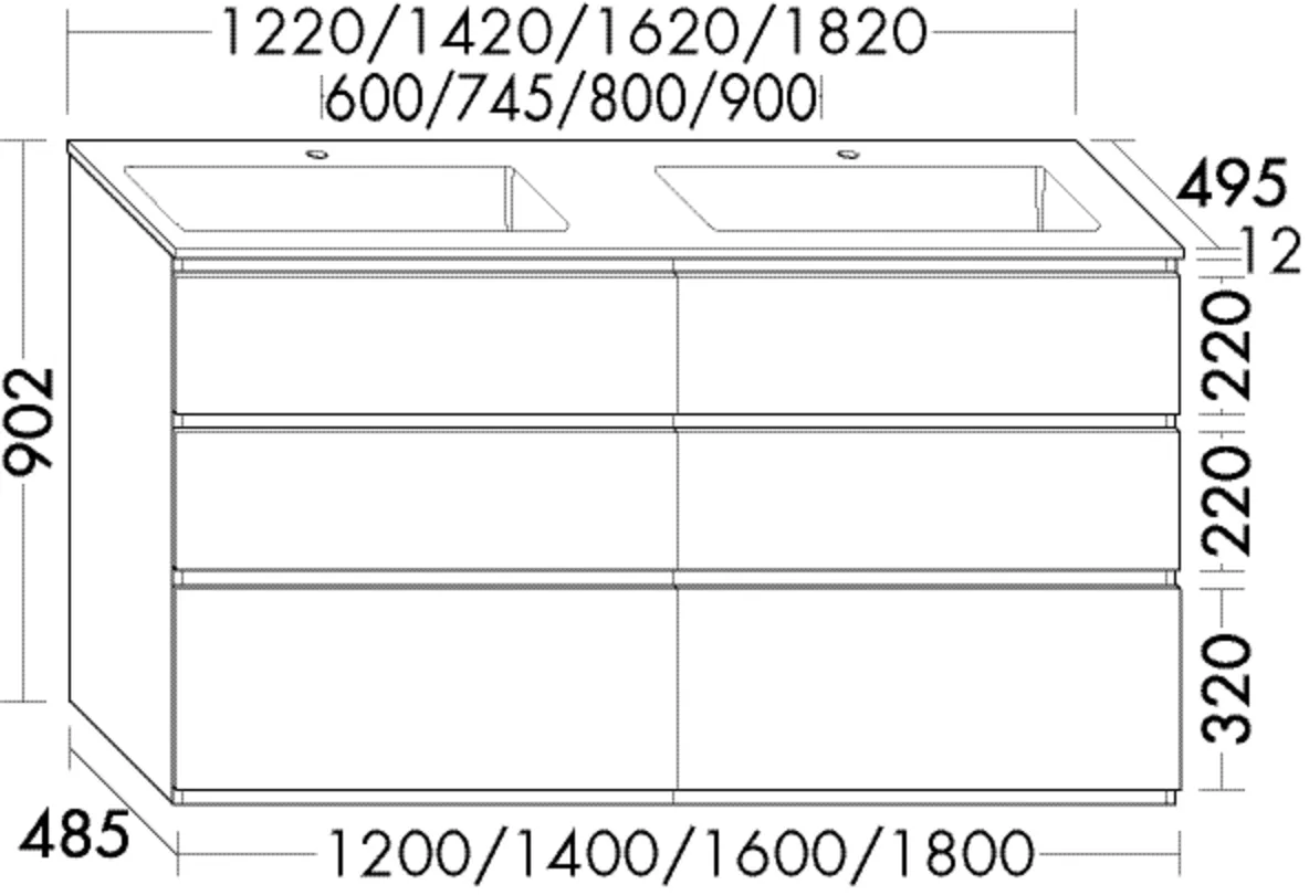Mineralguss-Waschtisch inkl. Waschtischunterschrank, Mineralguss-Doppelwaschtisch;Beckenmaß 675x295 mm;Muldentiefe: 100 mm;Waschtischunterschrank;2 Schubladen oben, 350 mm tief, mit Siphonausschnitt und Inneneinteilung;2 Schubladen mittig, 350 mm tief;2