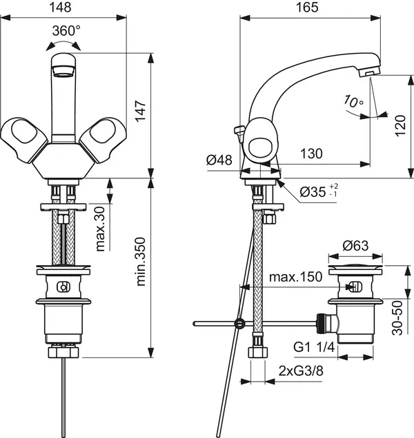 Zweigriff-Waschtischarmatur Alpha, mit Ablaufgarnitur, Ausladung 120mm, Auslaufhöhe 120mm, Chrom Zweigriff-Waschtischarmatur Alpha, mit Ablaufgarnitur, Ausladung 120mm, Auslaufhöhe 120mm, Chrom