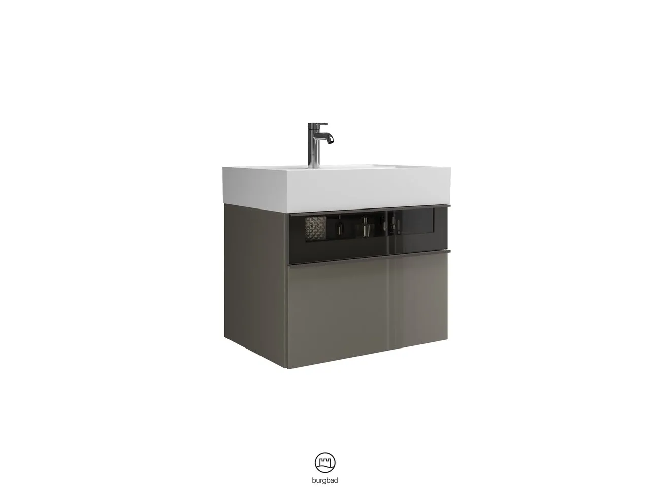 Mi-Waschtisch inkl. WTU Yumo von burgbad – Mineralguss, 470x665x610 mm, 1 Schublade, Rauchglasfront Mi-Waschtisch inkl. WTU Yumo von burgbad – Mineralguss, 470x665x610 mm, 1 Schublade, Rauchglasfront