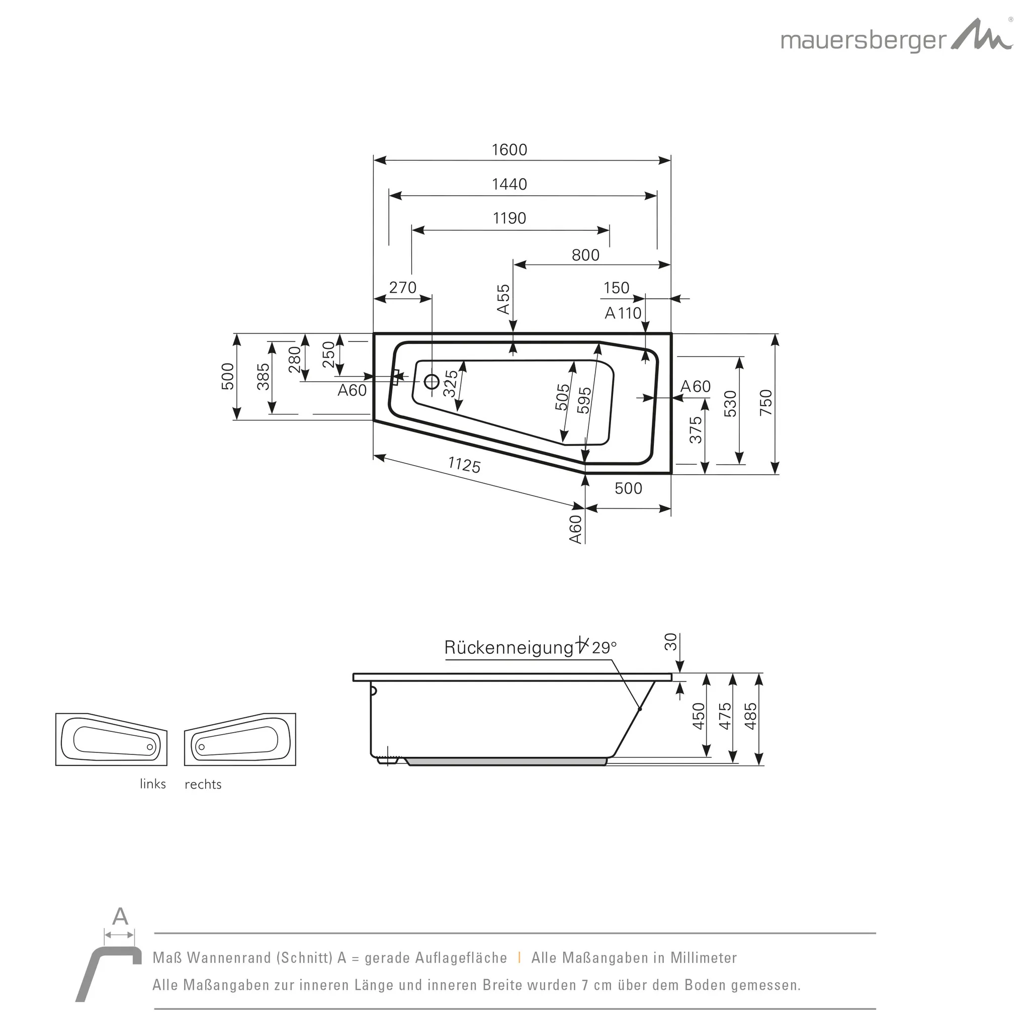 Mauersberger globosa Acryl-Badewanne Kompaktform links, 1600x750x485, weiß Mauersberger globosa Acryl-Badewanne Kompaktform links, 1600x750x485, weiß