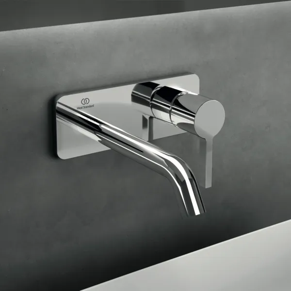 Wand-Waschtischarmatur Joy, Bausatz 2, eckige Rosette, Ausladung 180mm, Brushed Gold Wand-Waschtischarmatur Joy, Bausatz 2, eckige Rosette, Ausladung 180mm, Brushed Gold