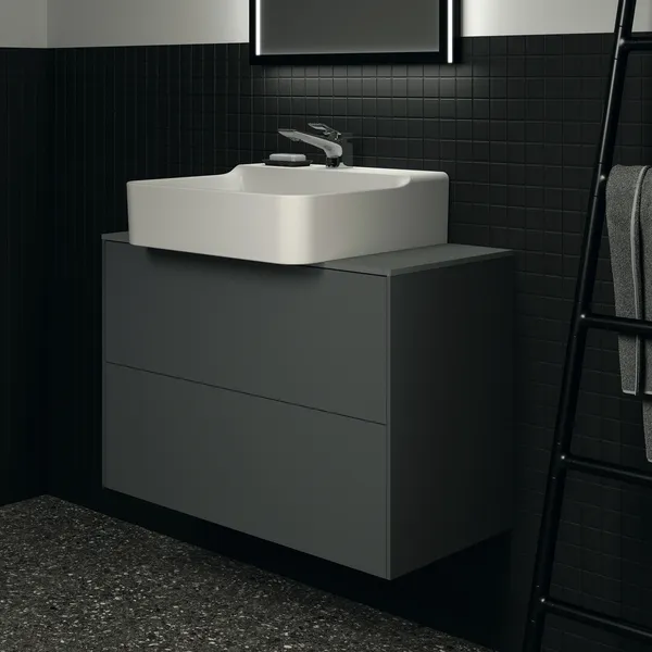 Waschtischplatte Conca, aus Keramik, 802x373x6mm, Marmor Noir Desir