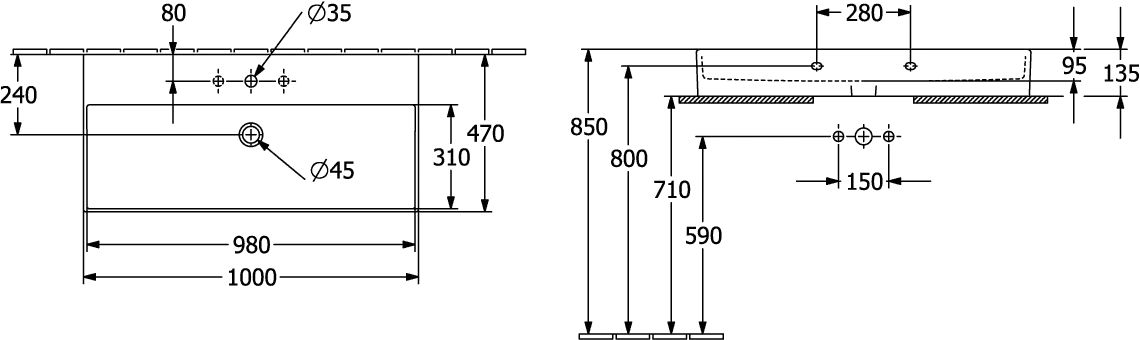 Waschbecken Memento 2.0 4A221J, 1000 x 470 mm, Rechteck, mit Überlauf, geschliffen, Weiß Alpin