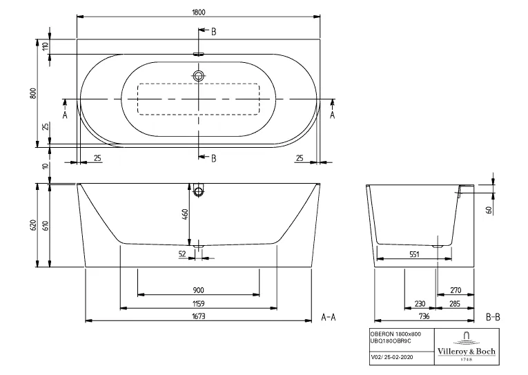 Villeroy & Boch Badewanne „Oberon 2.0“ vorwand rechteck 180 × 80 cm, Mittelablauf 