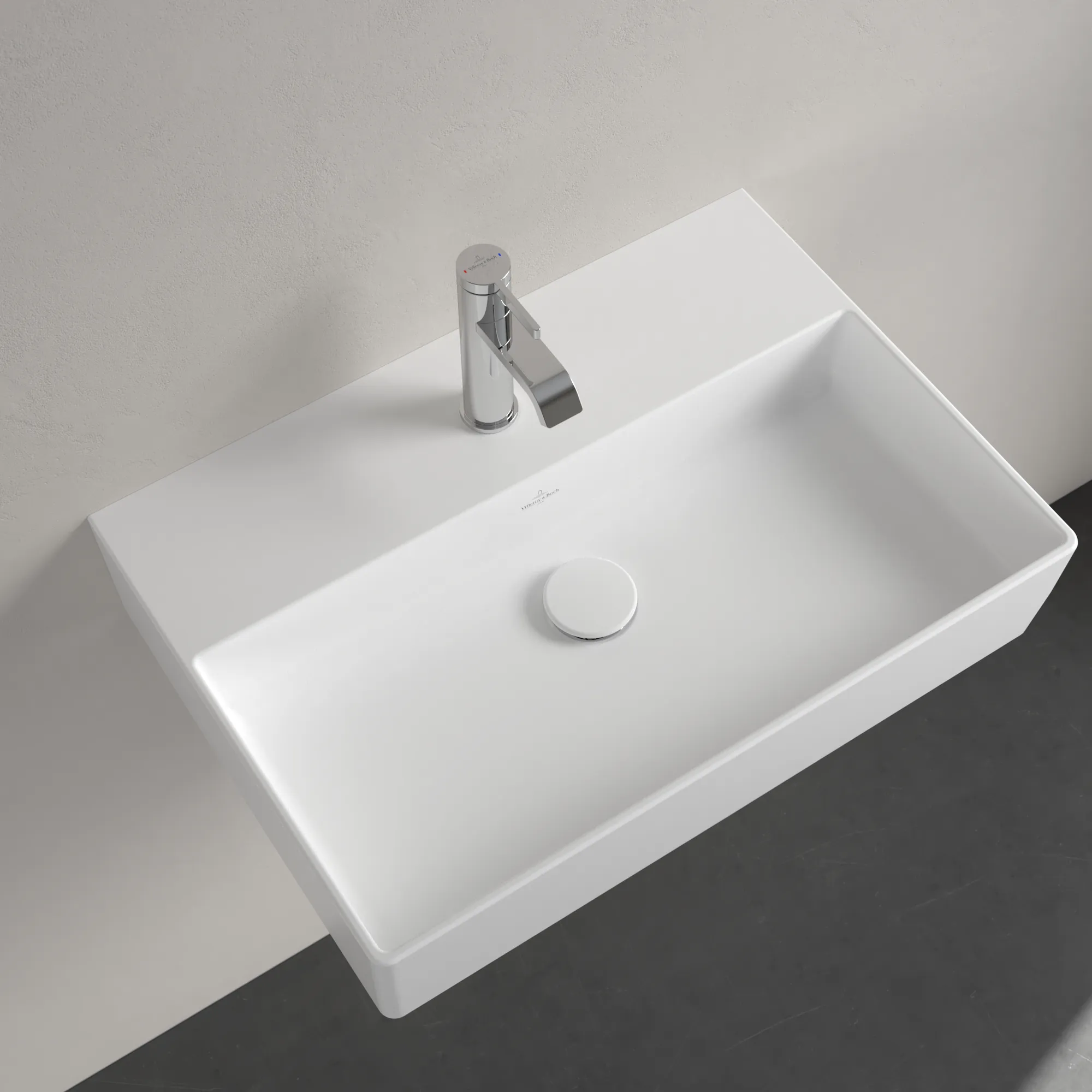 Villeroy & Boch Wandwaschtisch aus TitanCeram geschliffen „Memento 2.0“ 600 × 420 × 135 mm, mit Hahnlochbohrung, Hahnlochposition mittig in Stone White