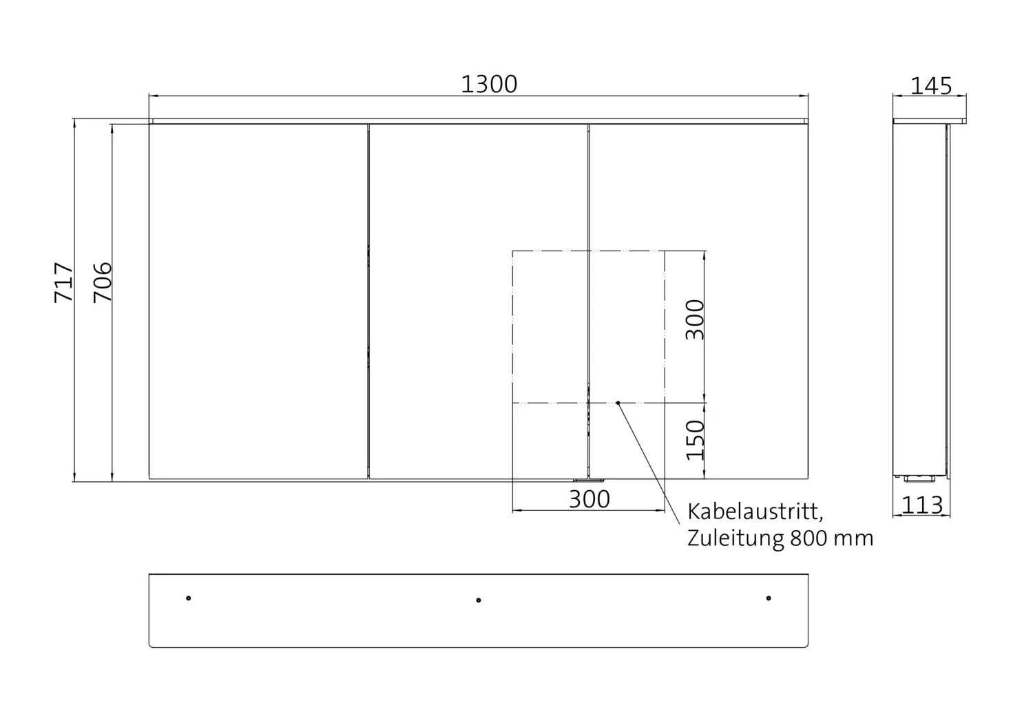 Lichtspiegelschrank flat 2 Design,Aufputz, mit Waschtischbeleuchtung,3 Türen, 1300mm