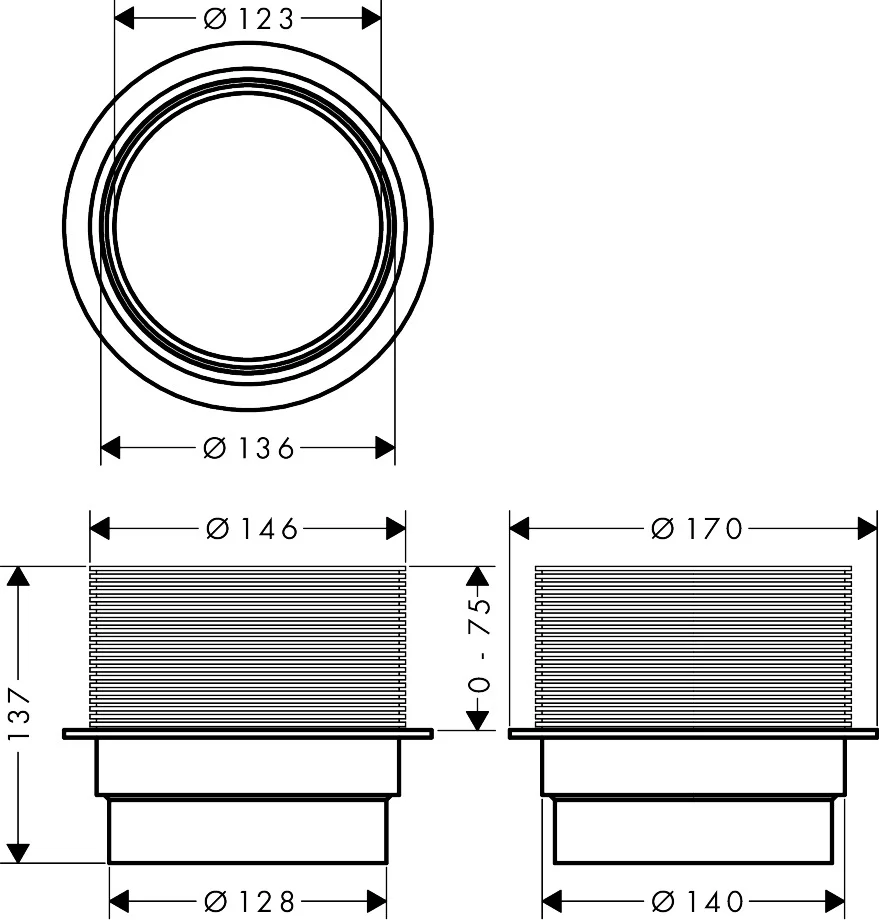 Hansgrohe RainDrain Spot Höhenausgleich Ergänzungsstück – Kunststoff, passend für alle RainDrain Spot Punktabläufe, Anschlussdurchmesser 128 mm / 146 mm, Höhenausgleich bis 75 mm Hansgrohe RainDrain Spot Höhenausgleich Ergänzungsstück – Kunststoff, passend für alle RainDrain Spot Punktabläufe, Anschlussdurchmesser 128 mm / 146 mm, Höhenausgleich bis 75 mm