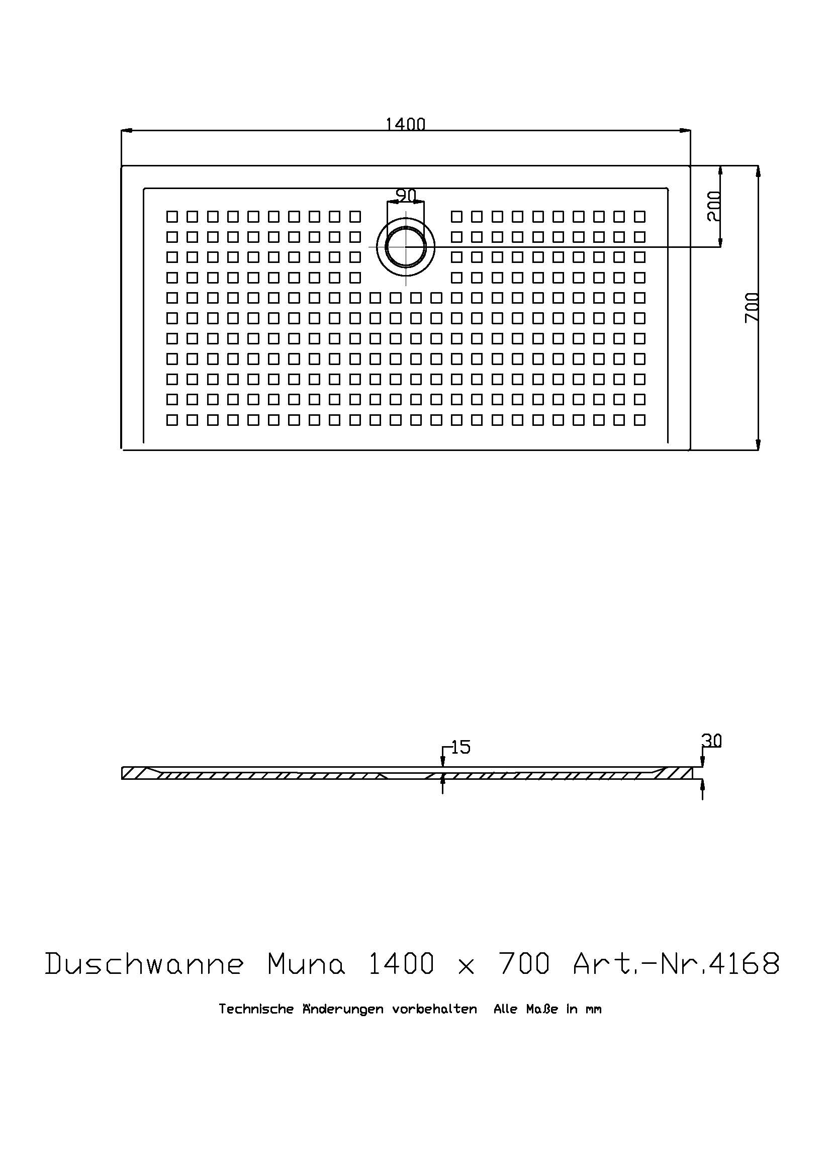 Duschwanne „Muna“ Rechteck 140 × 70 cm in Weiß mit Antirutsch