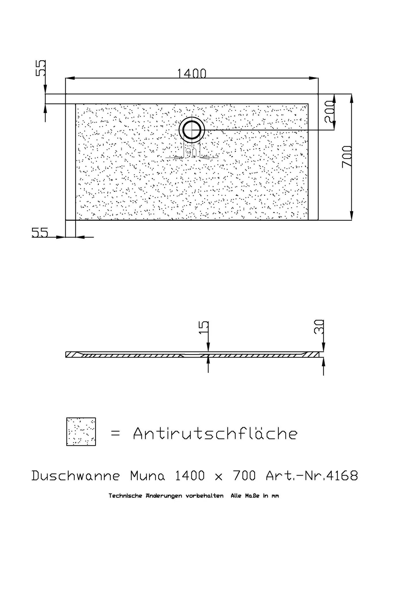 Hoesch Muna Duschwanne 1400x700x30 mit Antirutsch, Material Solique, Weiß Hoesch Muna Duschwanne 1400x700x30 mit Antirutsch, Material Solique, Weiß
