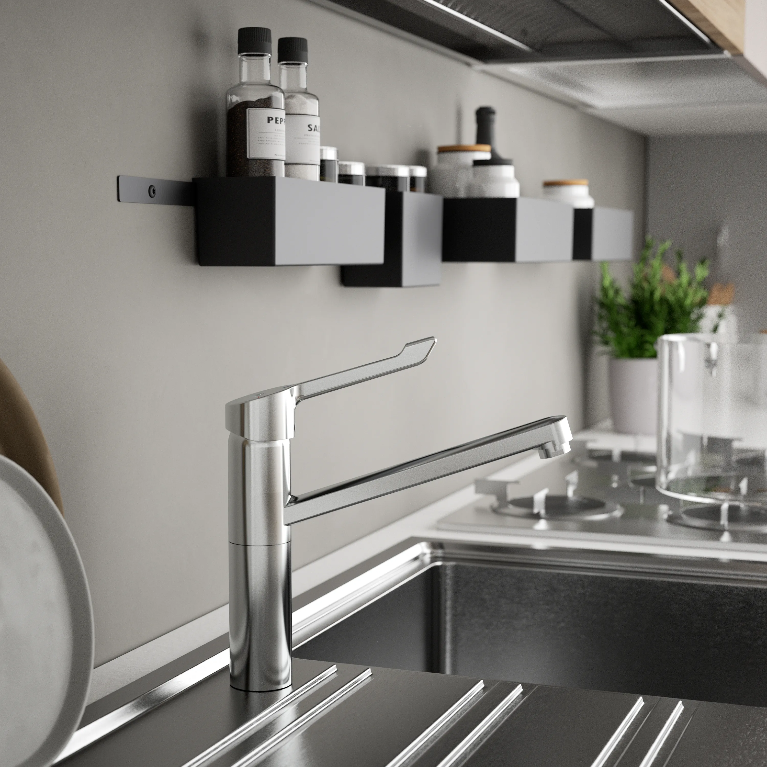 Küchenarmatur Ceraflex, mit Klinikhebel, mit hohem Rohrauslauf, Ausladung 222mm, Chrom Küchenarmatur Ceraflex, mit Klinikhebel, mit hohem Rohrauslauf, Ausladung 222mm, Chrom