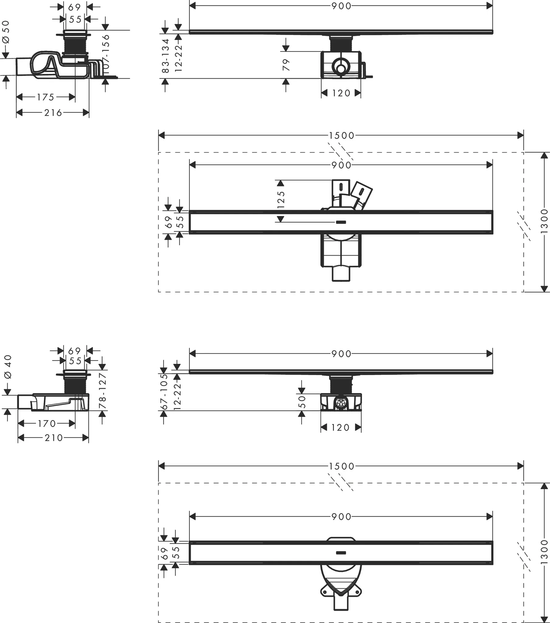 RainDrain Allround Komplettset Duschrinne 900 für Standard-/flache Installation Edelstahl gebürstet