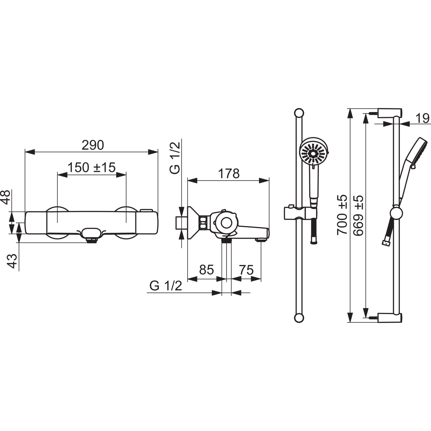 Wanne und Brause Armatur mit Brausestangengarnitur BASIC 5516 3-strahlig Ausladung 160 mm DN15 Chrom