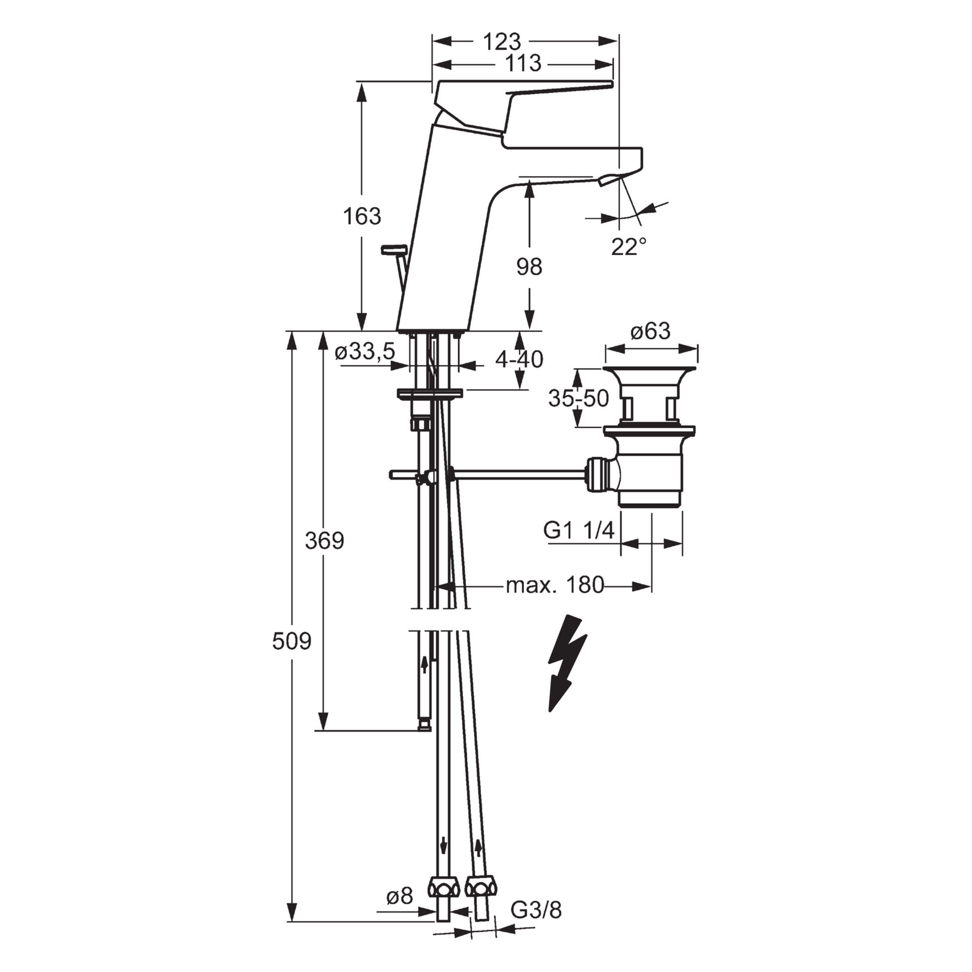 HA Einhebelmischer Waschtischbatterie HANSATWIST XL 0903 Kupferrohr Zugstangenablaufgarnitur Ausladung 123mm Chrom