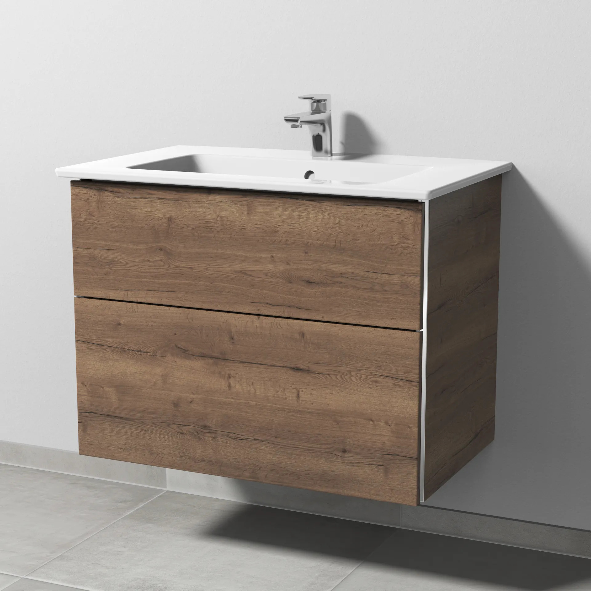 Sanipa Keramik-Waschtisch-Waschtischunterschrank mit Waschtischunterschrank „3way“ 755 × 591 × 477 mm in Eiche Tabak, mit Hahnlochbohrung, Becken