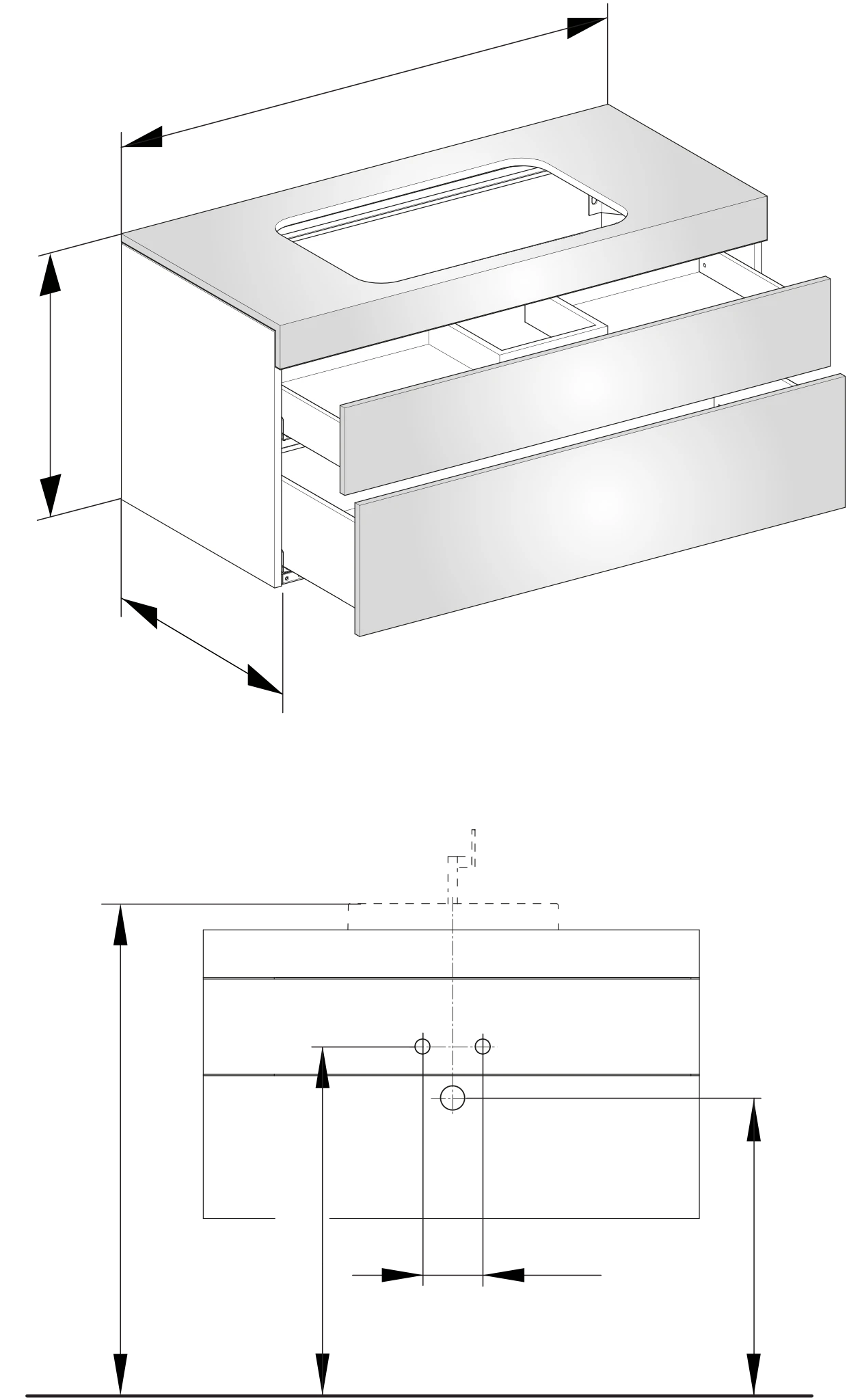 Edition 400 Waschtischunterbau o. Hahnlochbohrung, 2 Auszüge 1050 x 546 x 535 mm weiß/Glas trüffel satiniert Waschtischunterbau Edition 400 31572, 2 Auszüge, weiß/Glas trüffel sat.