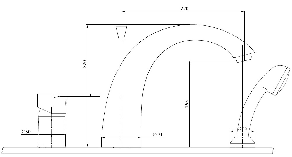 3-Loch-Wannen-Einhandbatterie Aqvabasic III - inkl. Sicht- Funktionsteile - Ausladung 220 mm - Handbrause AqvaBasic - Kartusche mit keramischen Dichtscheiben - Heisswassersperre - Wassermengendurchflussregulierung - chrom