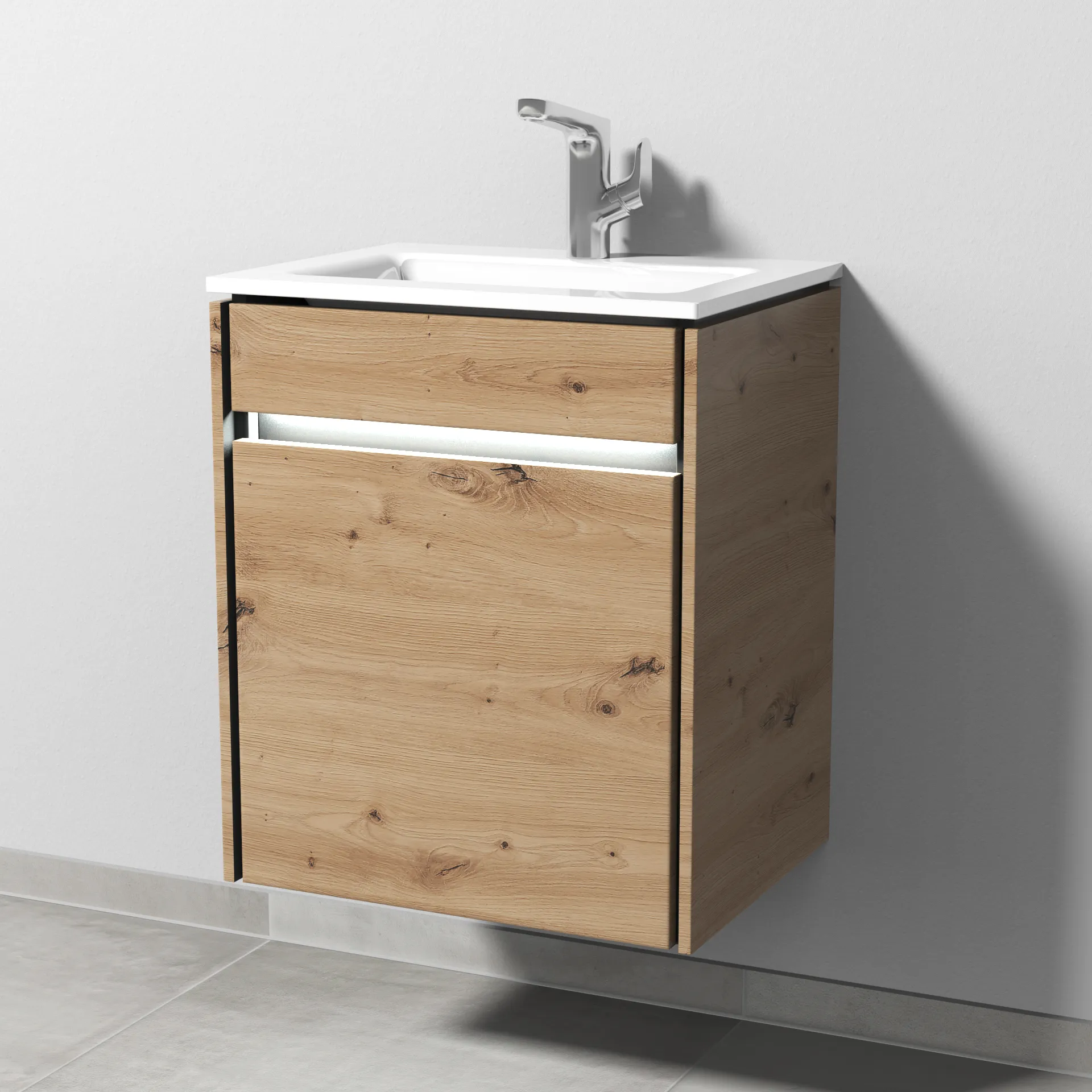 Sanipa Glas-Waschtisch-Set mit Waschtischunterschrank „Twiga“ 515 × 395 × 605 mm in Eiche Natural-Touch, Anschlag links, mit Beleuchtung
