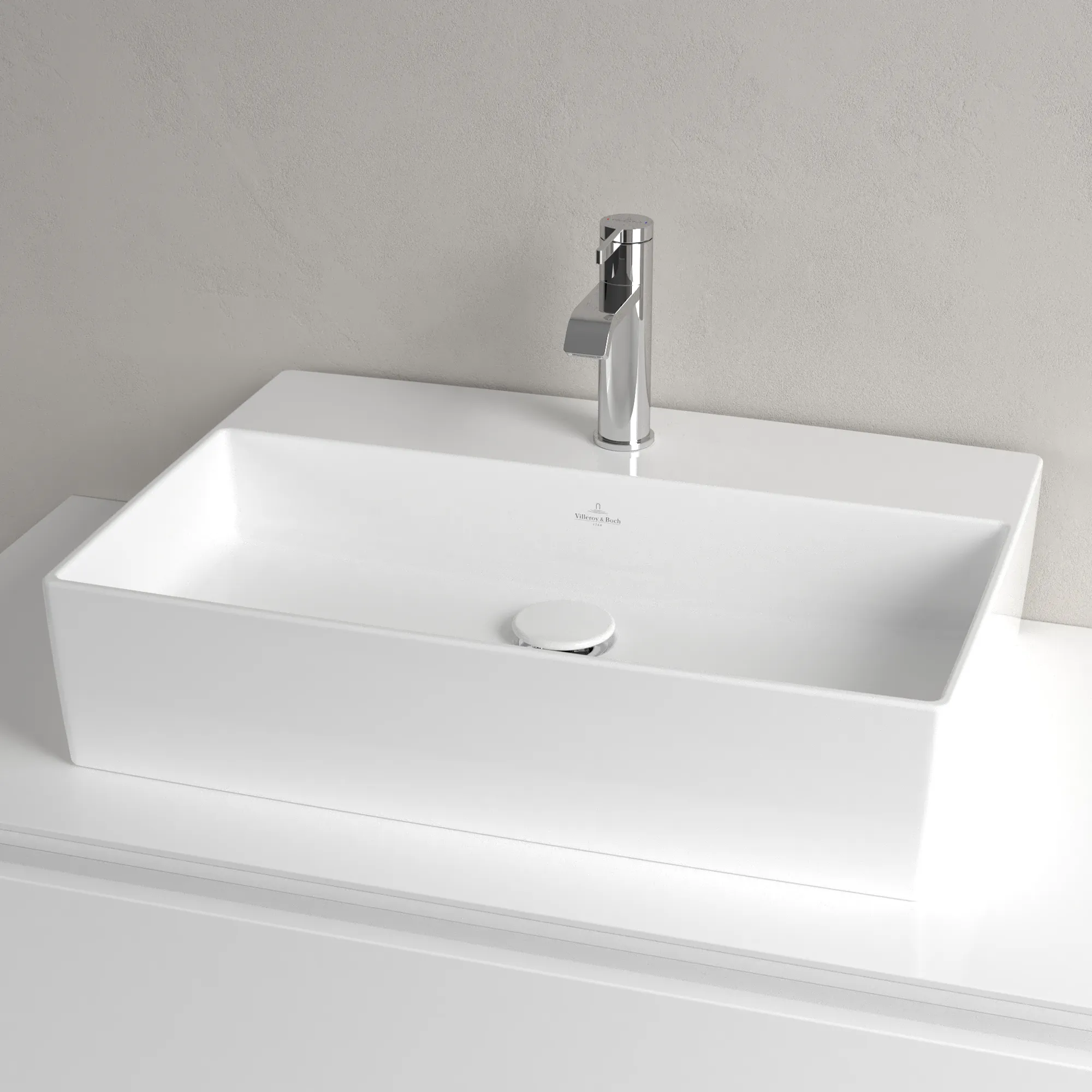 Villeroy & Boch Aufsatzwaschtisch aus TitanCeram „Memento 2.0“ 600 × 420 × 140 mm, mit Hahnlochbohrung, Hahnlochposition mittig in Weiß Alpin