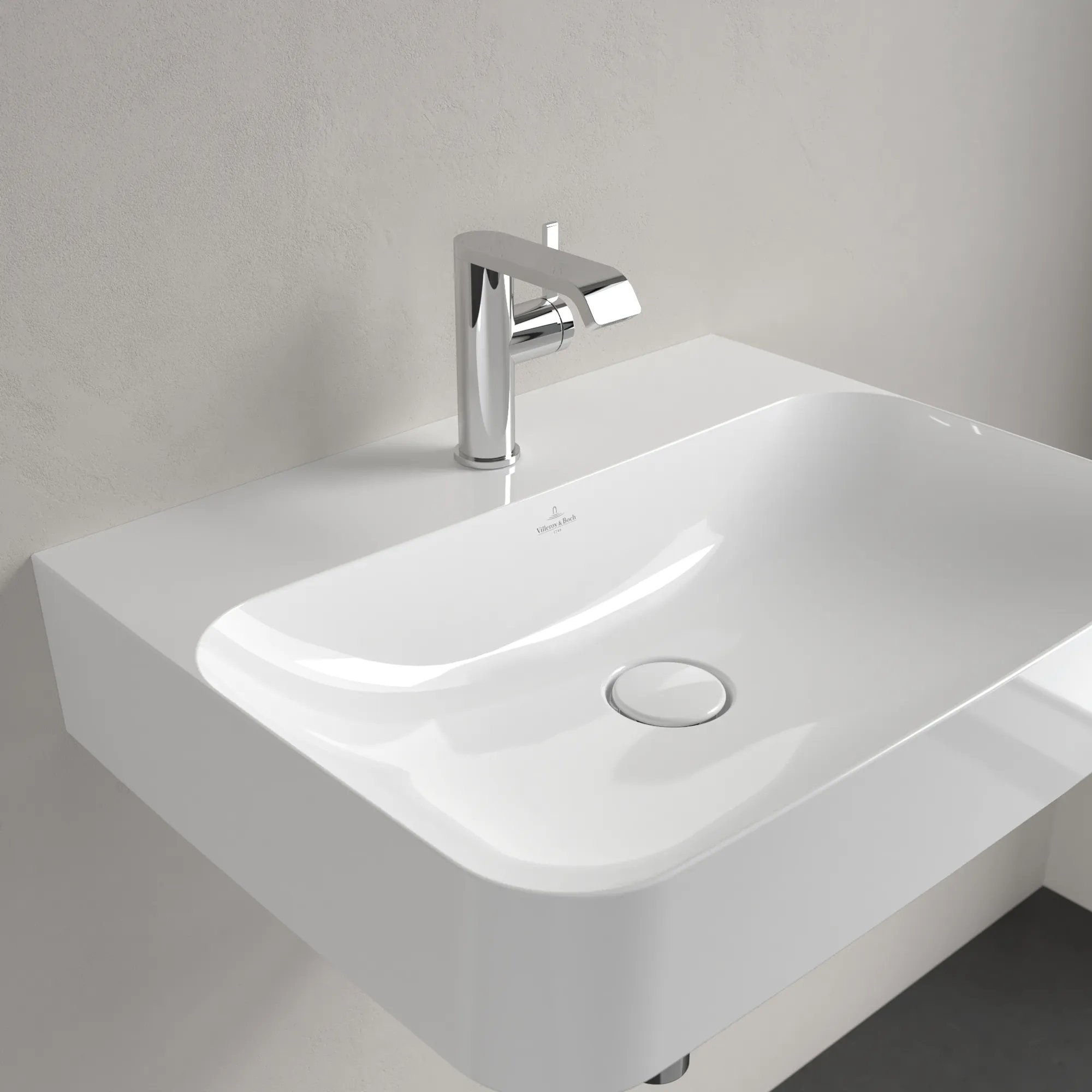 Villeroy & Boch Wandwaschtisch aus TitanCeram „Finion“ 600 × 470 × 164 mm, mit Hahnlochbohrung, Hahnlochposition mittig in Weiß Alpin, mit CeramicPlus Villeroy & Boch Wandwaschtisch aus TitanCeram „Finion“ 600 × 470 × 164 mm, mit Hahnlochbohrung, Hahnlochposition mittig in Weiß Alpin, mit CeramicPlus
