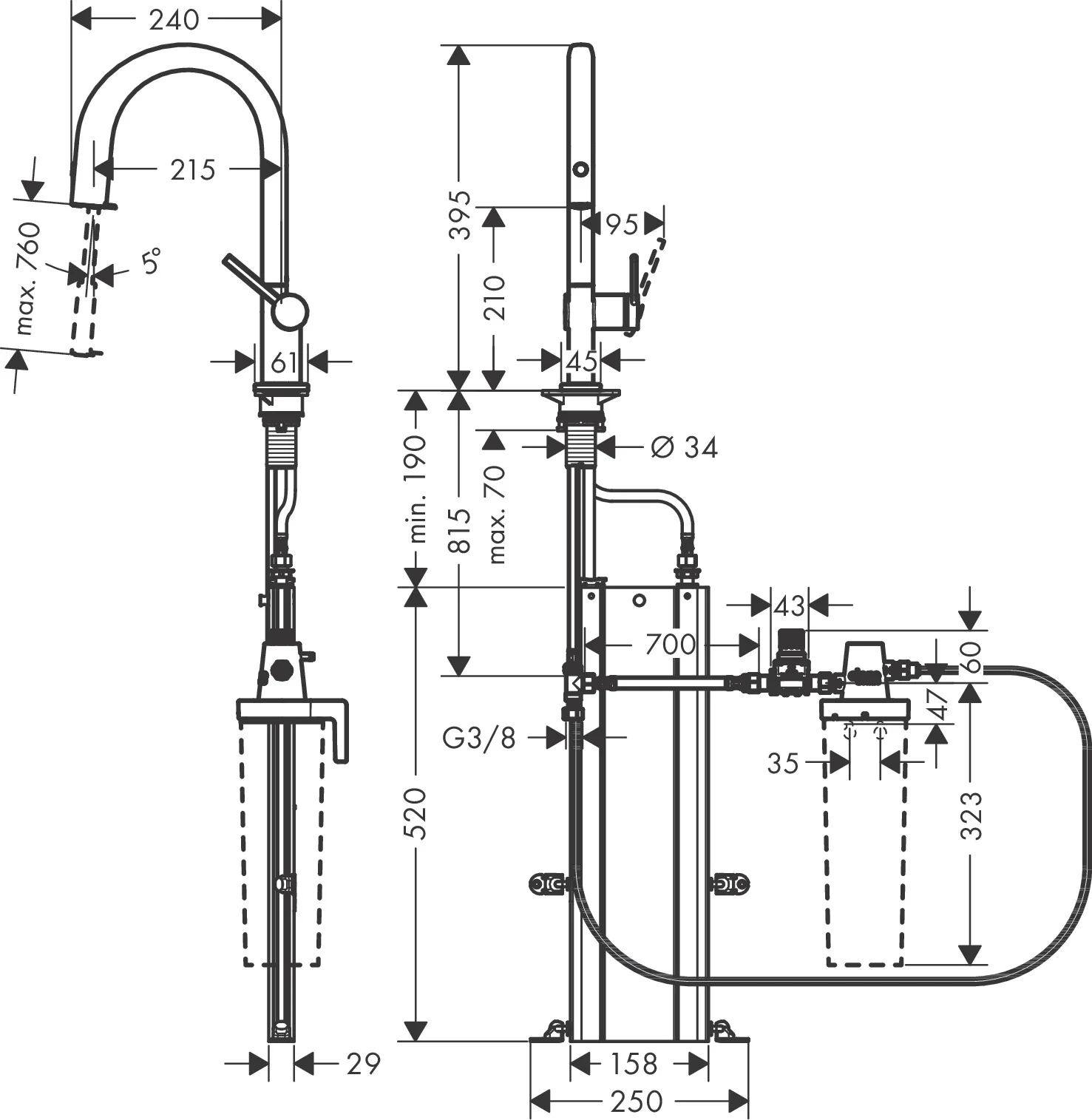 Hansgrohe Aqittura M91 Einhebel-Küchenmischer mit Ausziehschlauch, Edelstahl-Optik, 35 mm Hahnlochbohrung, max. Auszugslänge 76 cm