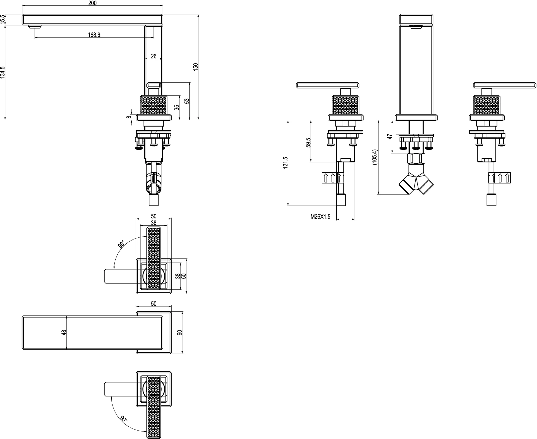 Villeroy & Boch Mettlach Dreiloch-Waschtischarmatur TVW126002000, 340 x 150 x 200 mm, Chrom