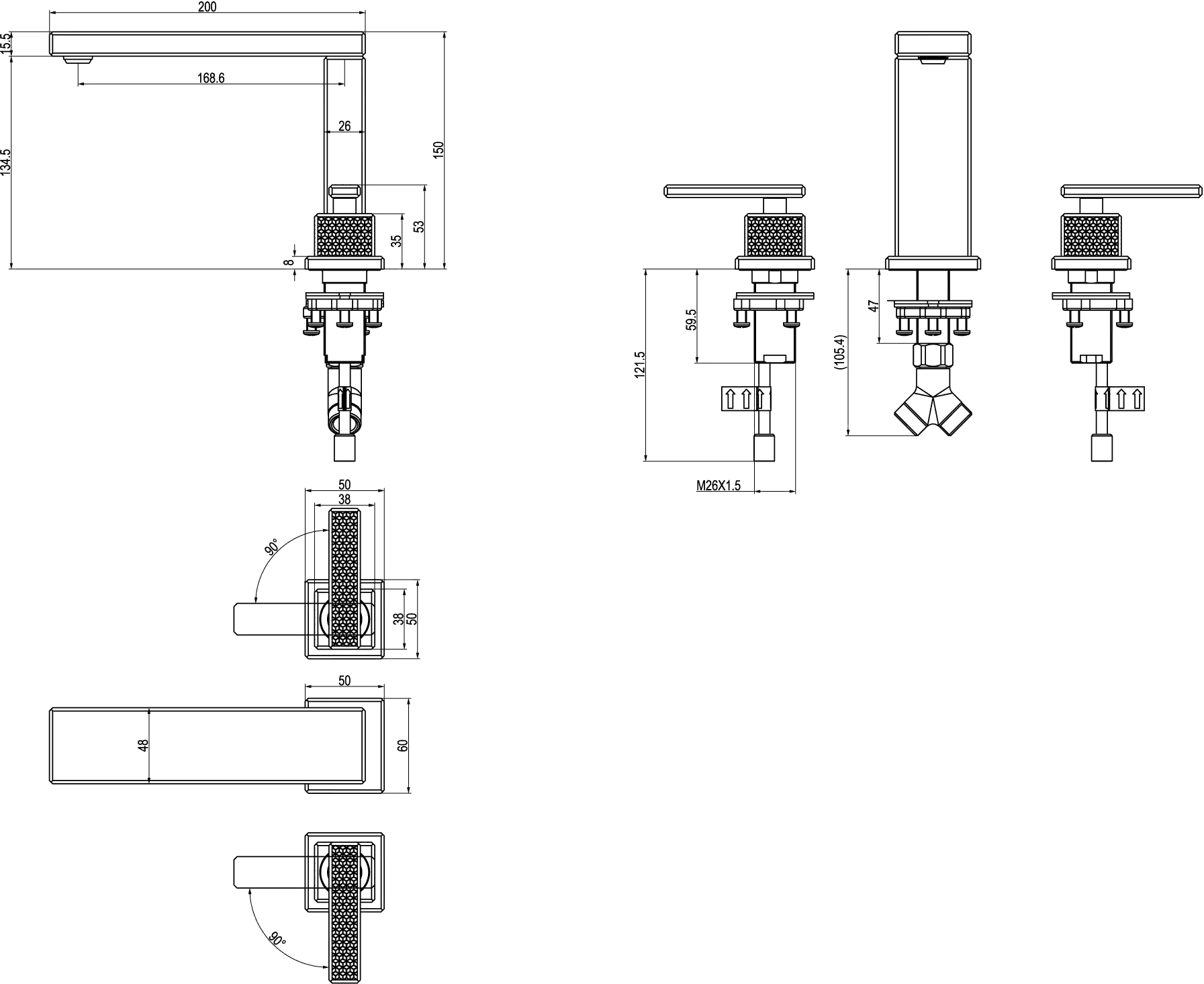 Villeroy & Boch Mettlach Dreiloch-Waschtischarmatur in Chrom, 340 x 200 x 150 mm, Höhe 150 mm, mit verstellbarem Strahlregler und AirPlus-Technologie