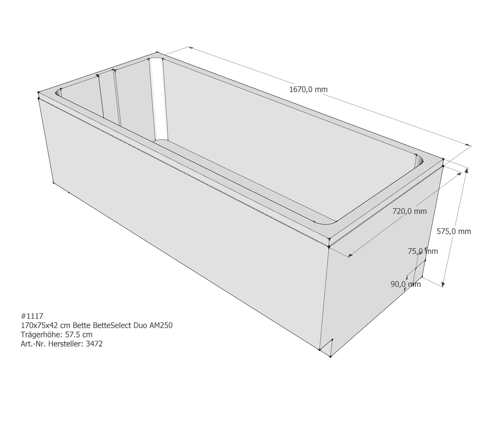 Badewannenträger für Bette Select Duo 170 × 75 × 42 cm Breite: 75 cm / Länge: 170 cm