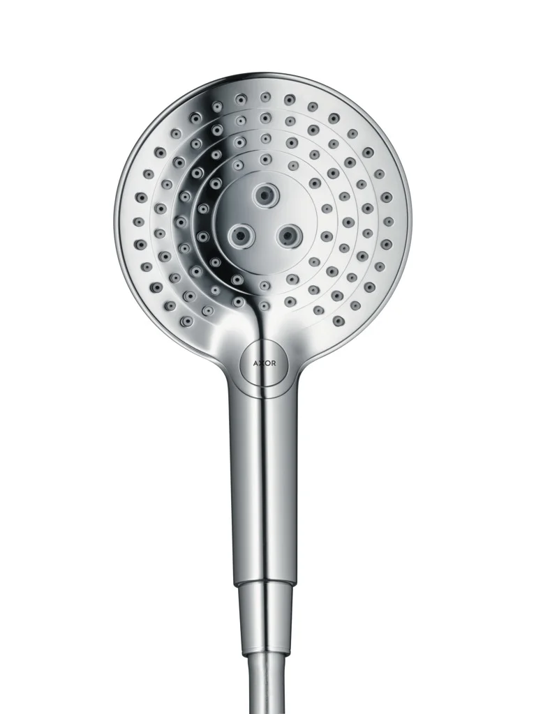 Hansgrohe AXOR ShowerSolutions Handbrause 120 3jet Chrom, 125 mm Brausekopfgröße, Rain/RainAir/WhirlAir Strahlarten, Select-Taste, QuickClean, max. Durchfluss 13,4 l/min bei 3 bar, Anschluss G 1/2