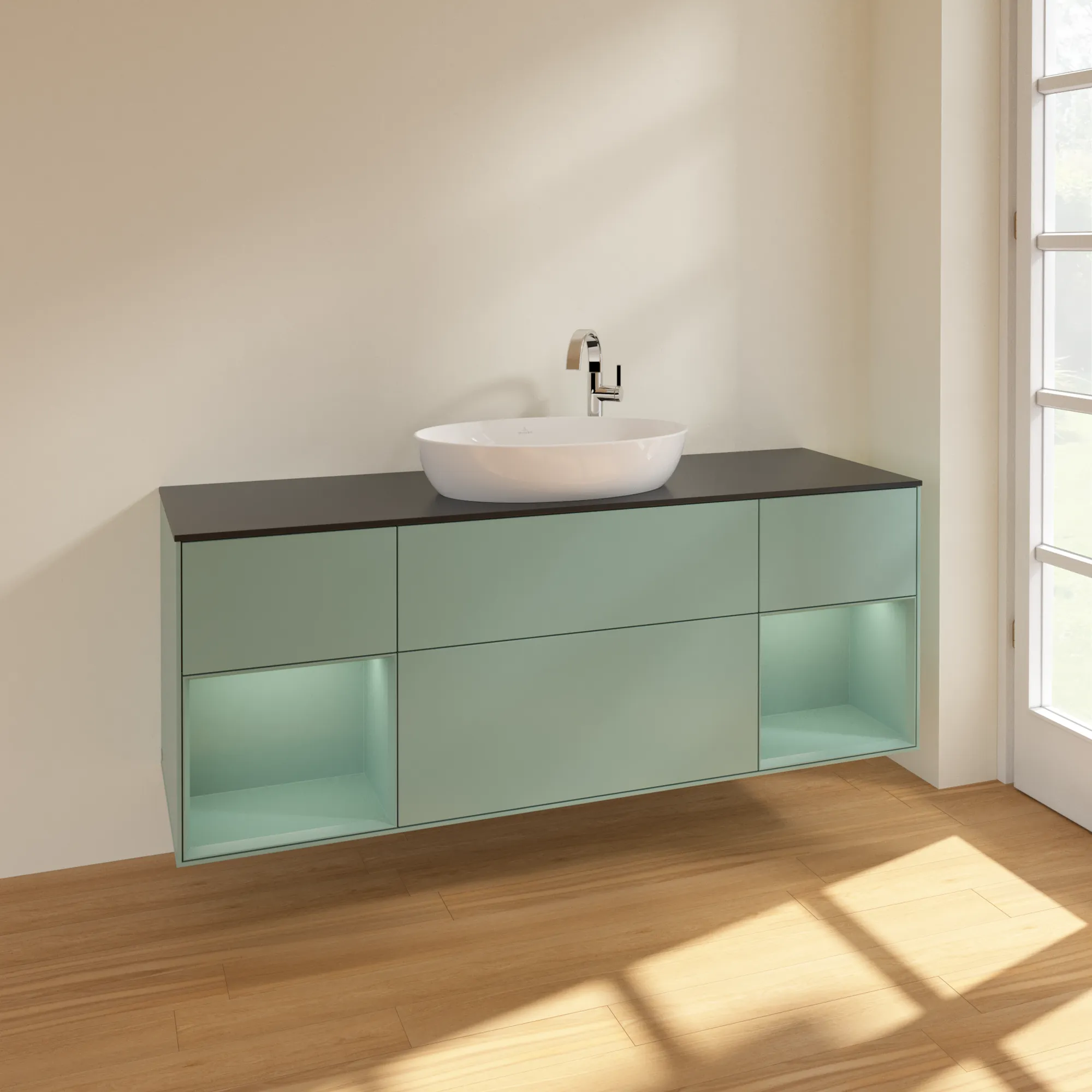 Villeroy & Boch Waschtischunterschrank „Finion“ für Schrankwaschtisch 1600 × 603 × 501 mm Olive Matt Lacquer, für Becken mittig, mit Hahnlochbohrung