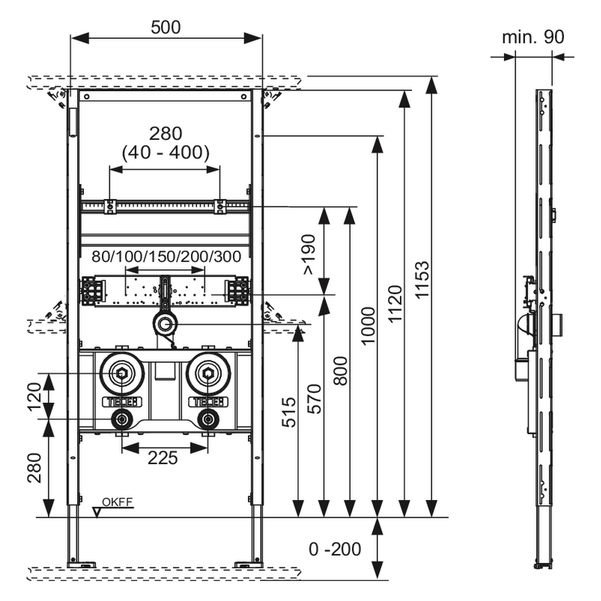 TECEprofil Waschtischmodul inklusive zwei Montageblöcken für Wasser-Messkapseln, Bauhöhe 1120 mm