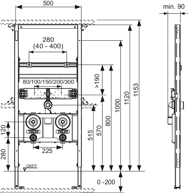 TECEprofil Waschtischmodul inklusive zwei Montageblöcken für Wasser-Messkapseln, Bauhöhe 1120 mm