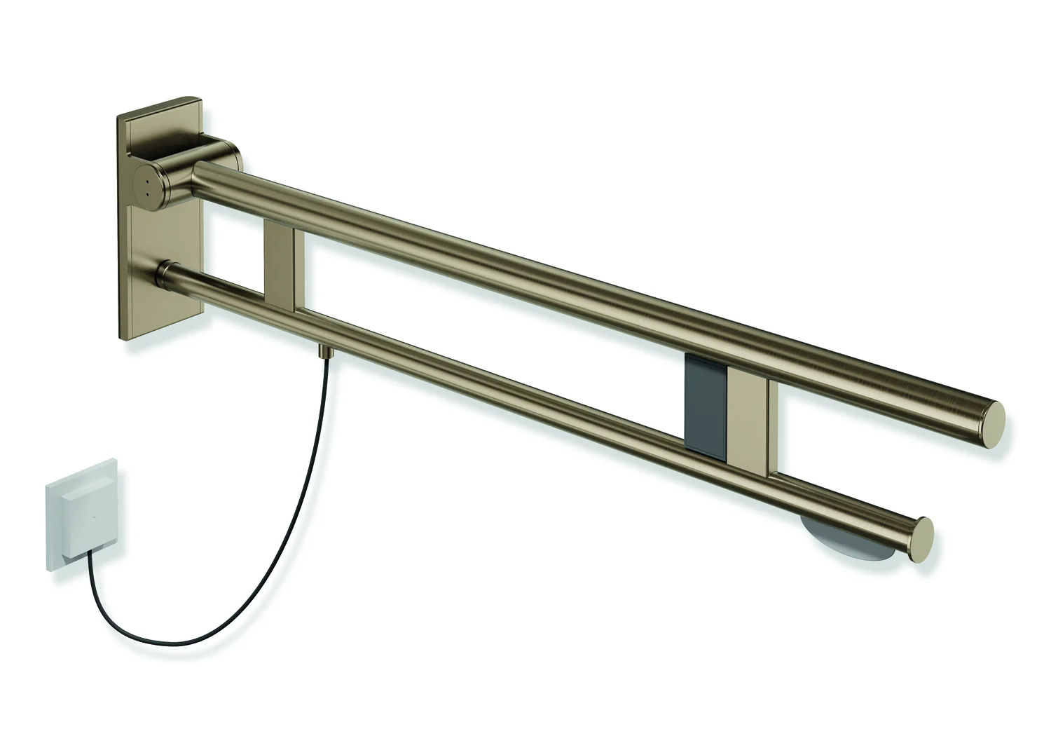 HEWI Stützklappgriff Duo System 900, Design A, Edelstahl PVD bronze gebürstet, Ausladung 900 mm, mit WC-Papierhalter und Spül-/Funktionstasten (E-Ausführung), rechts