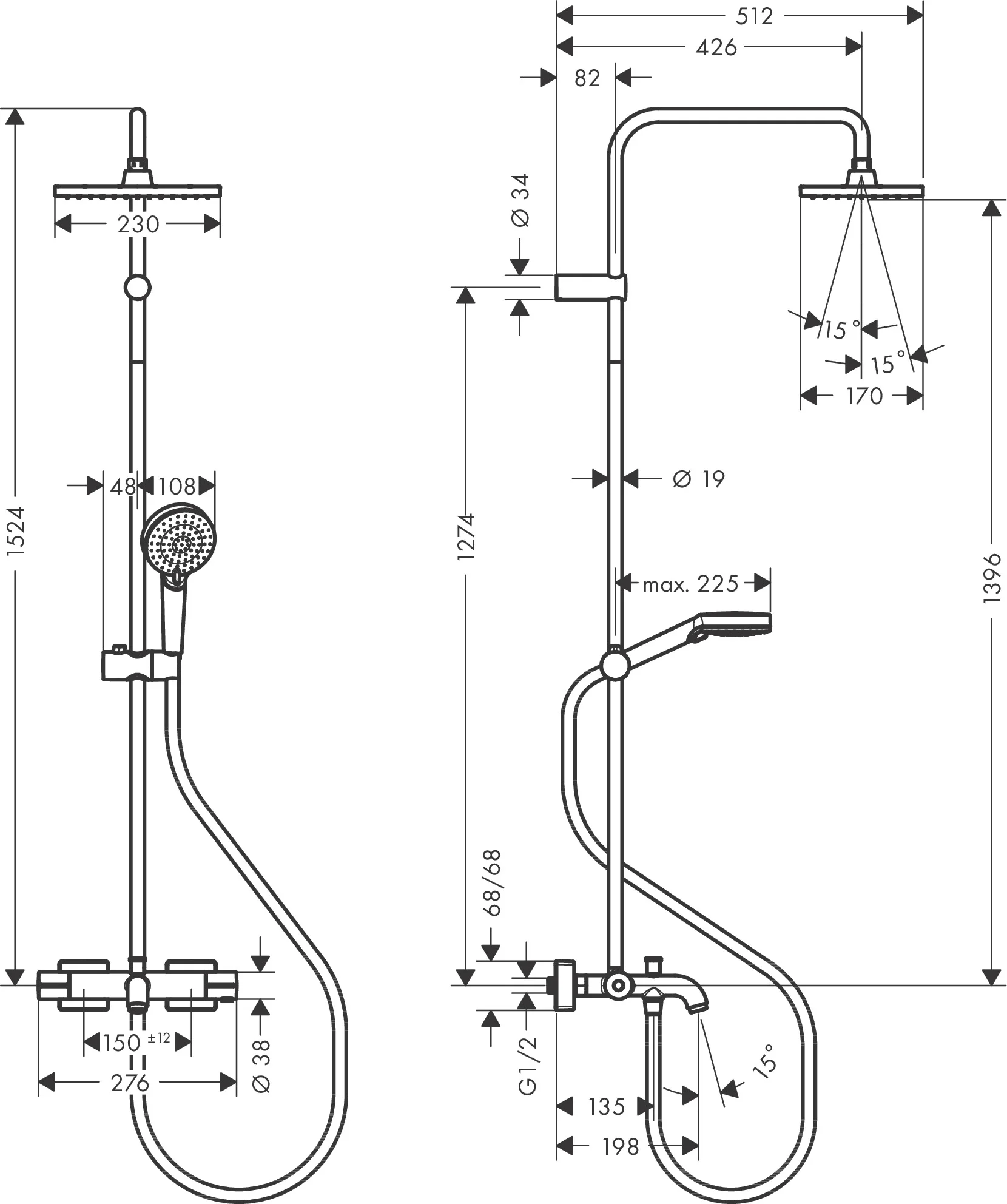 Hansgrohe Vernis Shape Showerpipe 230 1jet EcoSmart Chrom mit Wannenthermostat - Aufputzinstallation, DN15, 426 mm Brausearmlänge Hansgrohe Vernis Shape Showerpipe 230 1jet EcoSmart Chrom mit Wannenthermostat - Aufputzinstallation, DN15, 426 mm Brausearmlänge