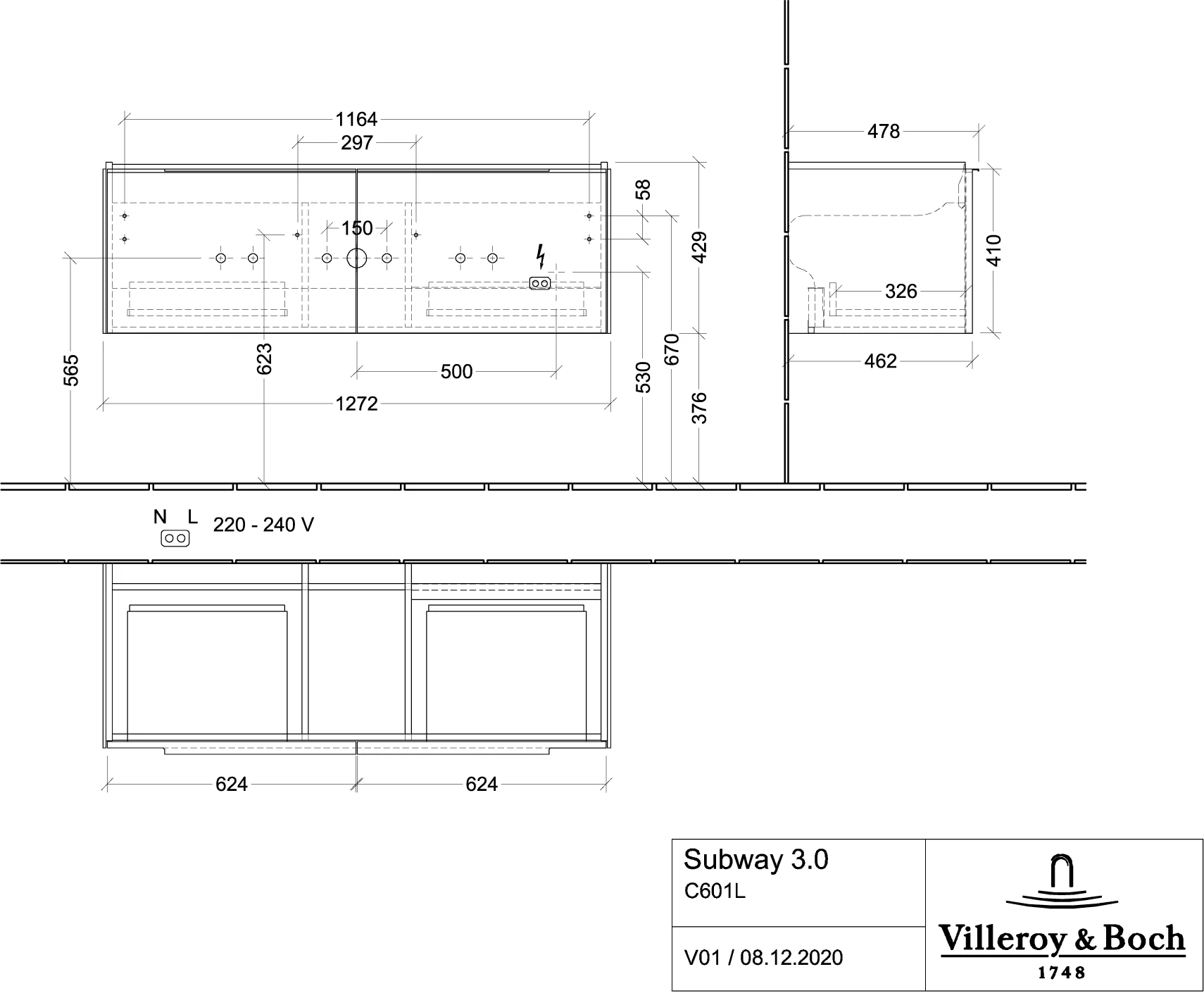 Villeroy & Boch Subway 3.0 Waschbeckenunterschrank C601L0, 1272x429x478 mm, Graphite