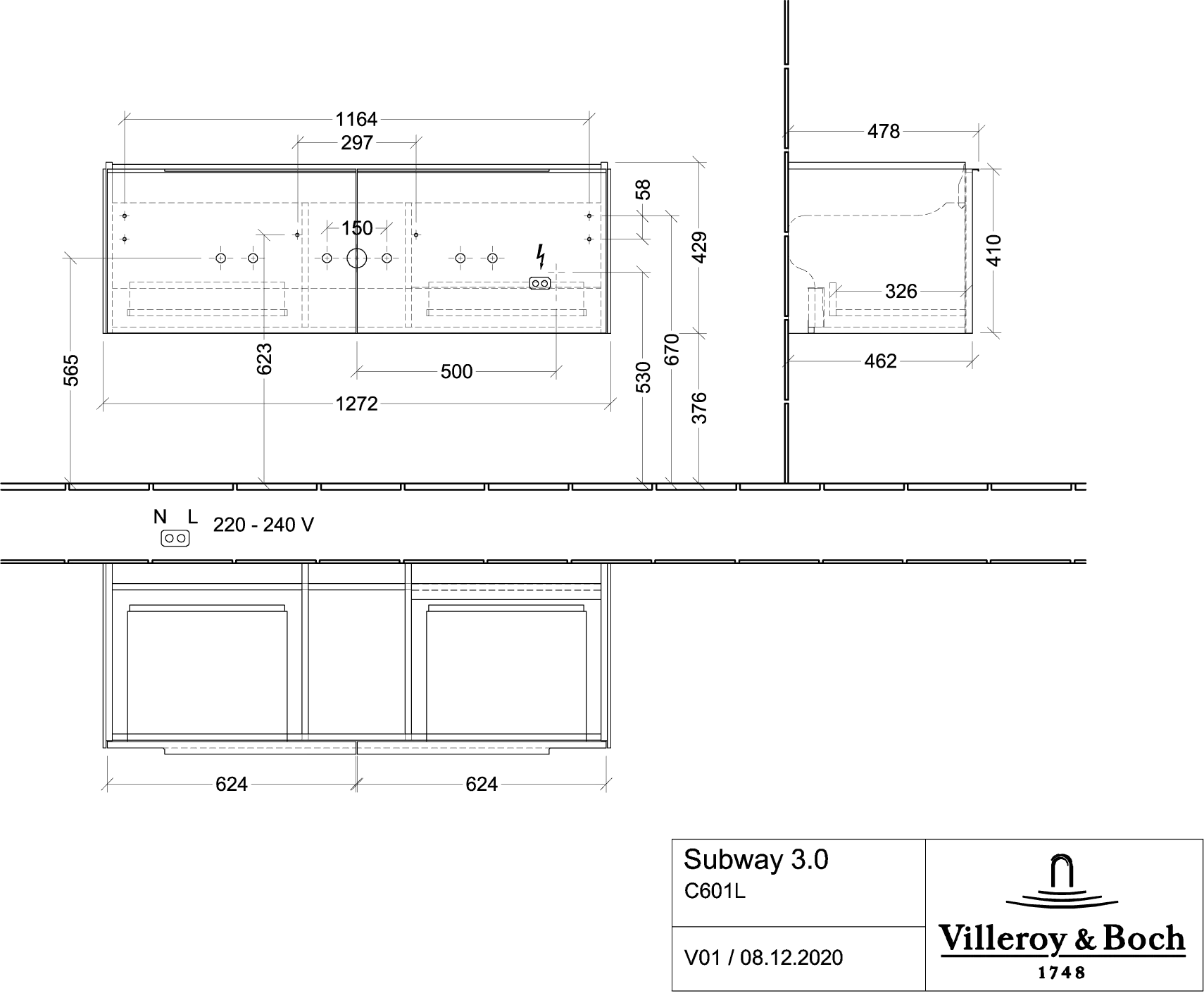 Villeroy & Boch Subway 3.0 Waschbeckenunterschrank C601L0, 1272 x 429 x 478 mm, Black Oak