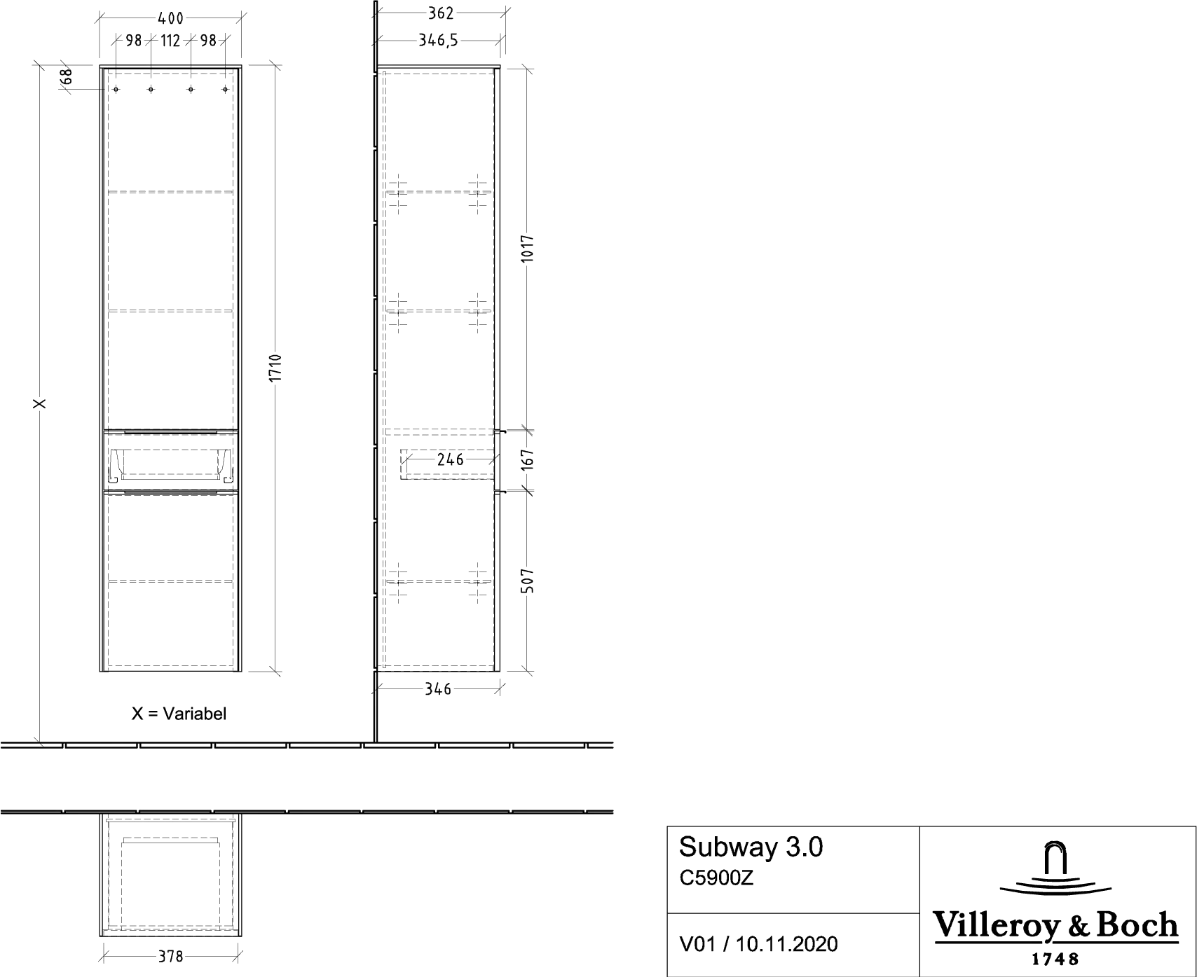 Villeroy & Boch Hochschrank mit Schublade „Subway 3.0“ 40 × 171 × 36,2 × 36,2 cm 2 Türen, 1 Auszug, 1 × fixer Fachboden, Anschlag: links, 3 × Glasfachboden, 2 Türen, Anschlag links