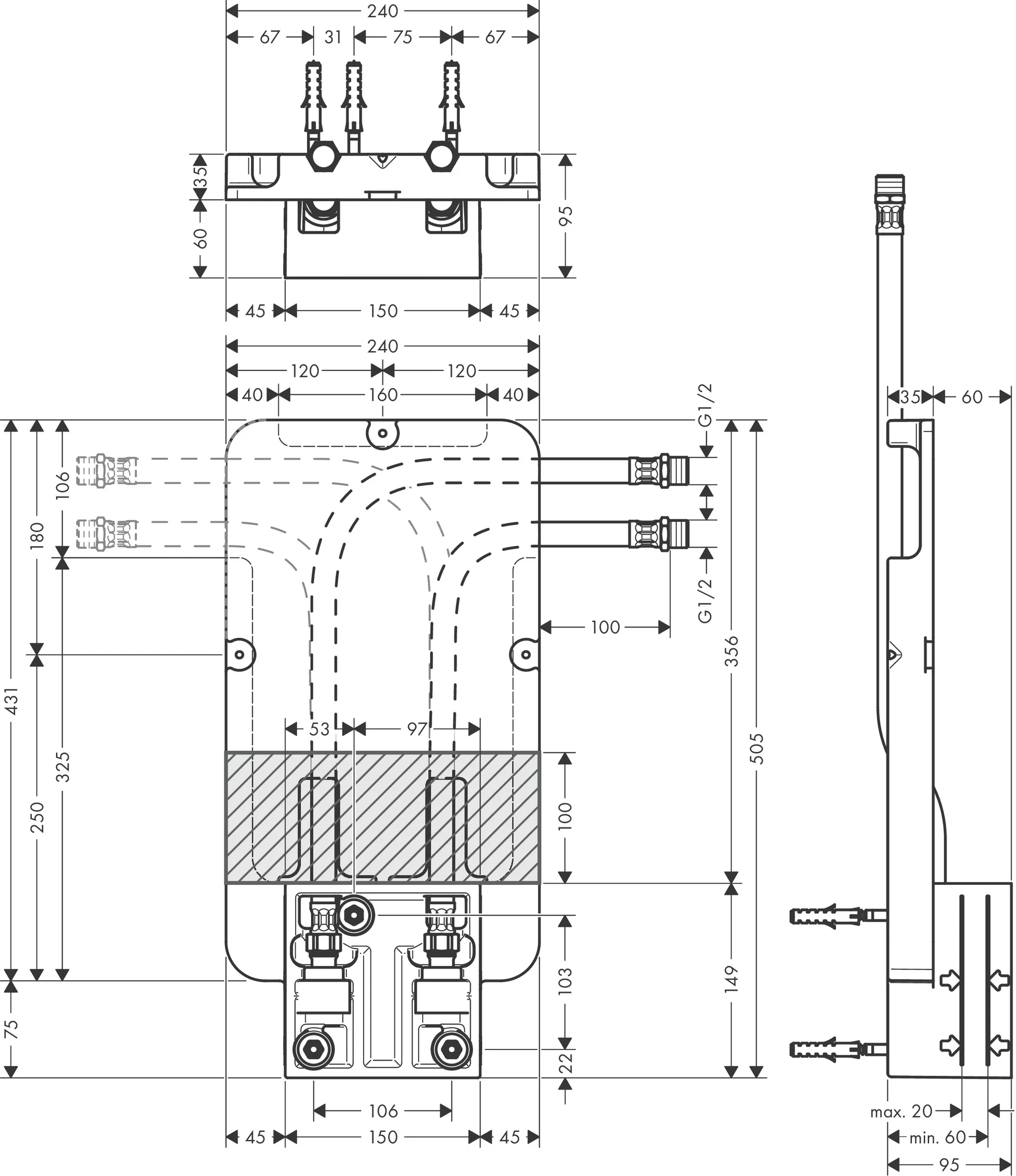 Hansgrohe AXOR ShowerSolutions Grundkörper für Kopfbrause Decke UP – Deckenmontage, Einbautiefe 60–80 mm, Anschluss Rp 1/2