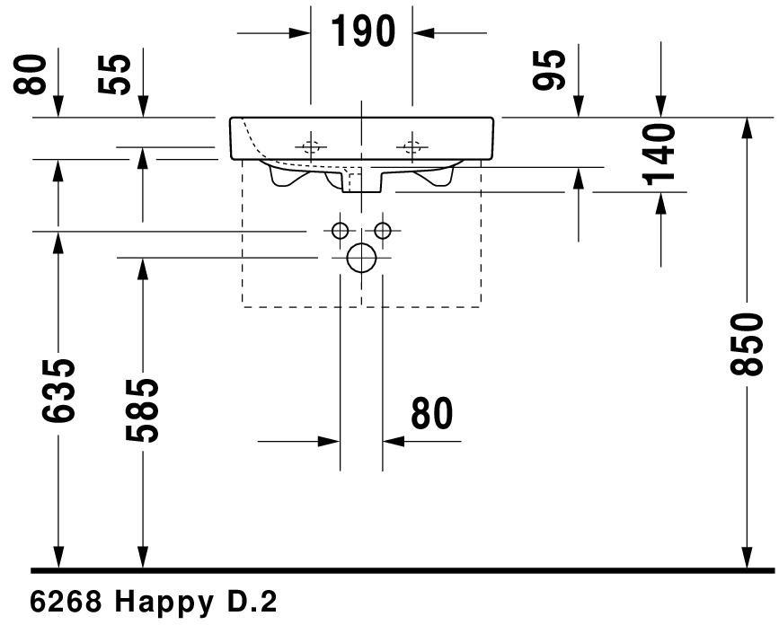Wandwaschtisch „Happy D.2“, mit Überlauf, Hahnlochposition mittig 