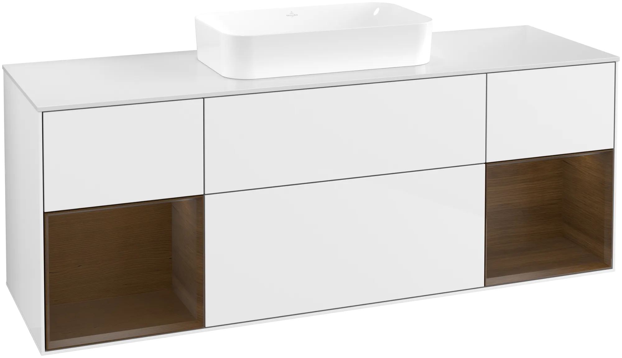 Villeroy & Boch Finion Waschbeckenunterschrank F74 1600x603x501mm Glossy White Lacquer / Walnut Veneer / Glass White Matt