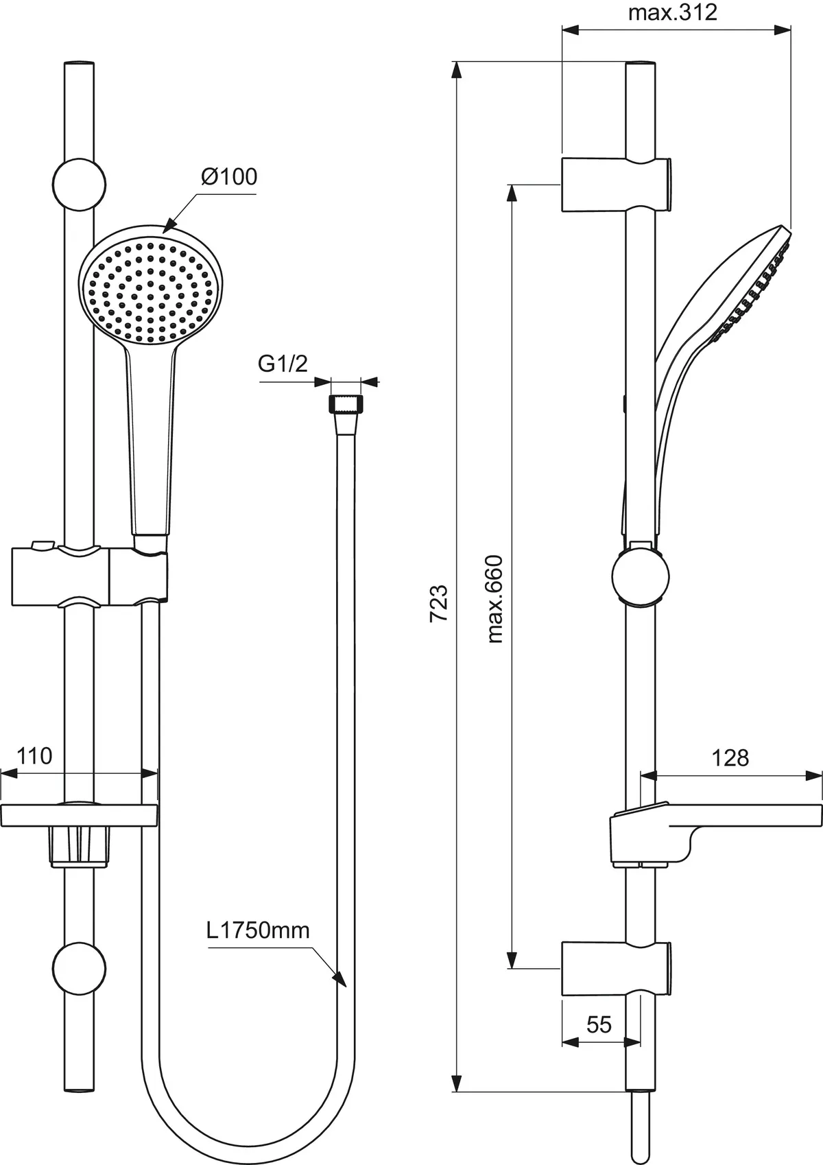 Brausekombination Idealrain 720mm 1-Funktionshandbrause, Durchmesser:100mm Chrom