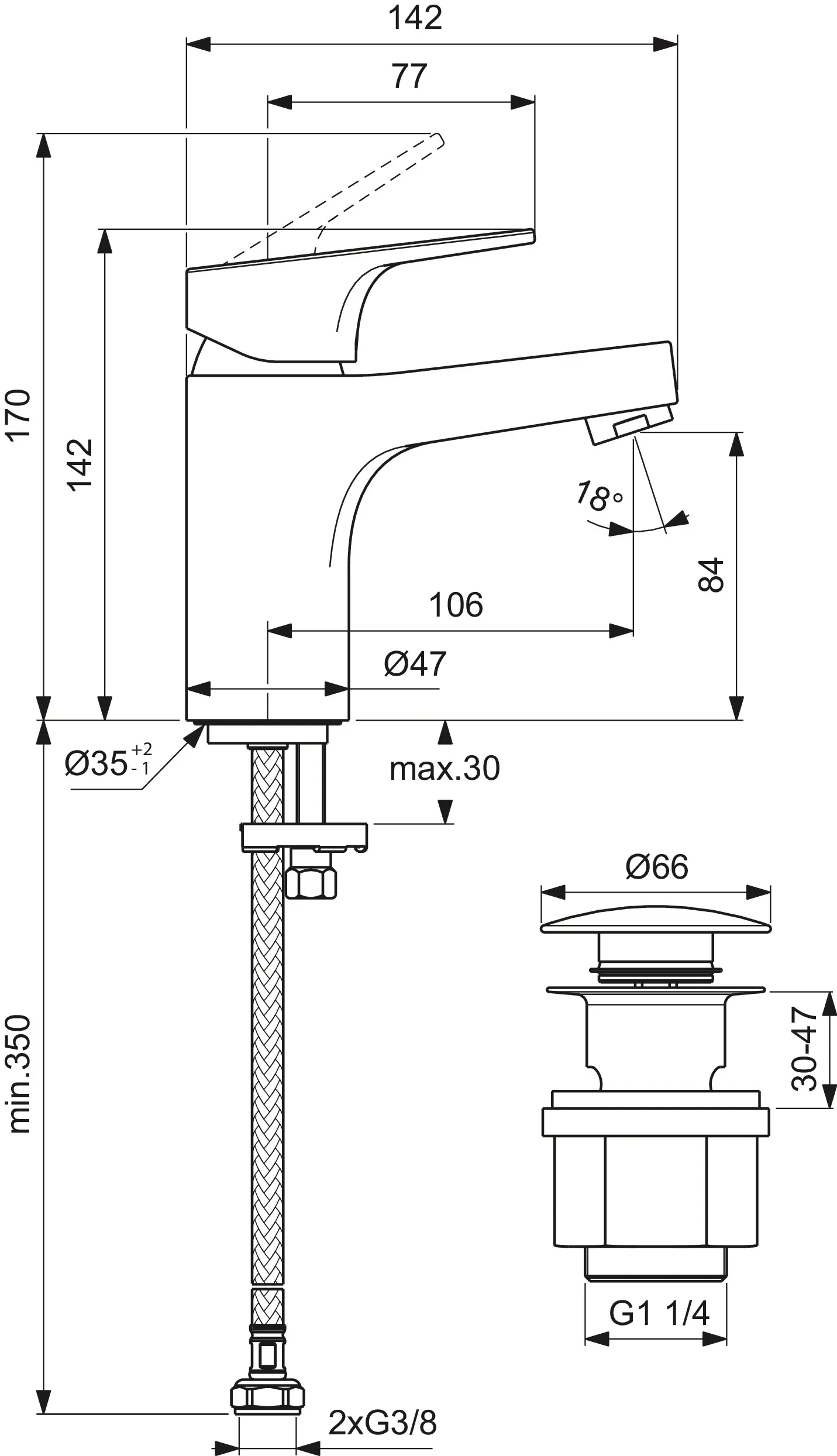 Waschtischarmatur H80 Cerabase mit Push-Open-Ventil Ausladung 106mm Chrom CLICK PUW Waschtischarmatur H80 Cerabase mit Push-Open-Ventil Ausladung 106mm Chrom CLICK PUW