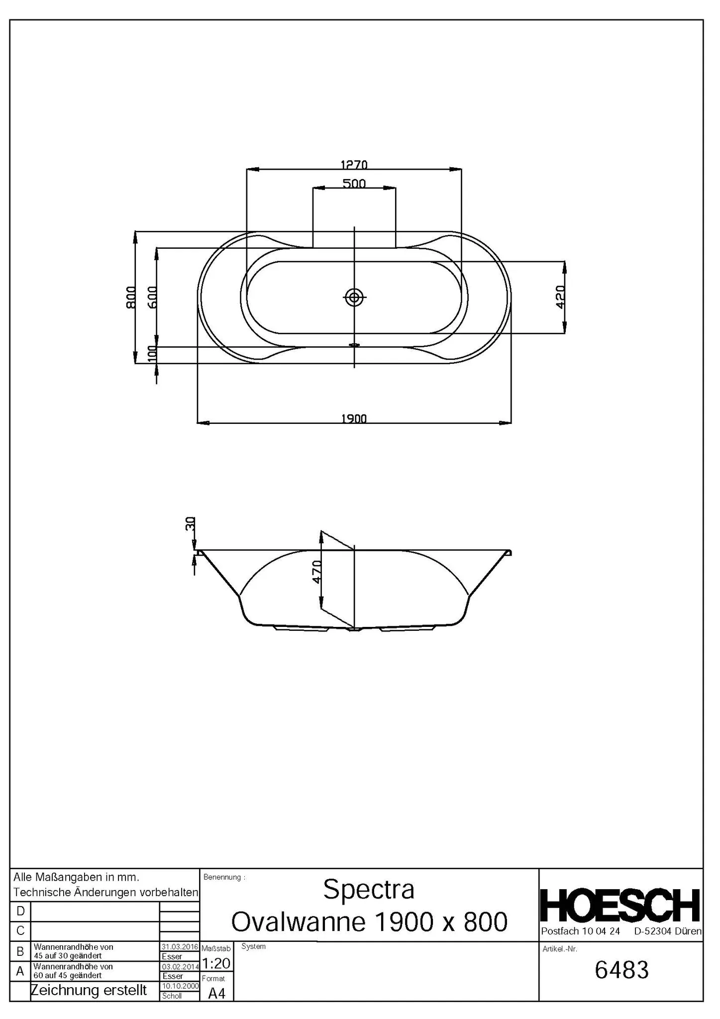Hoesch Spectra Badewanne Oval 1900x800 Weiß