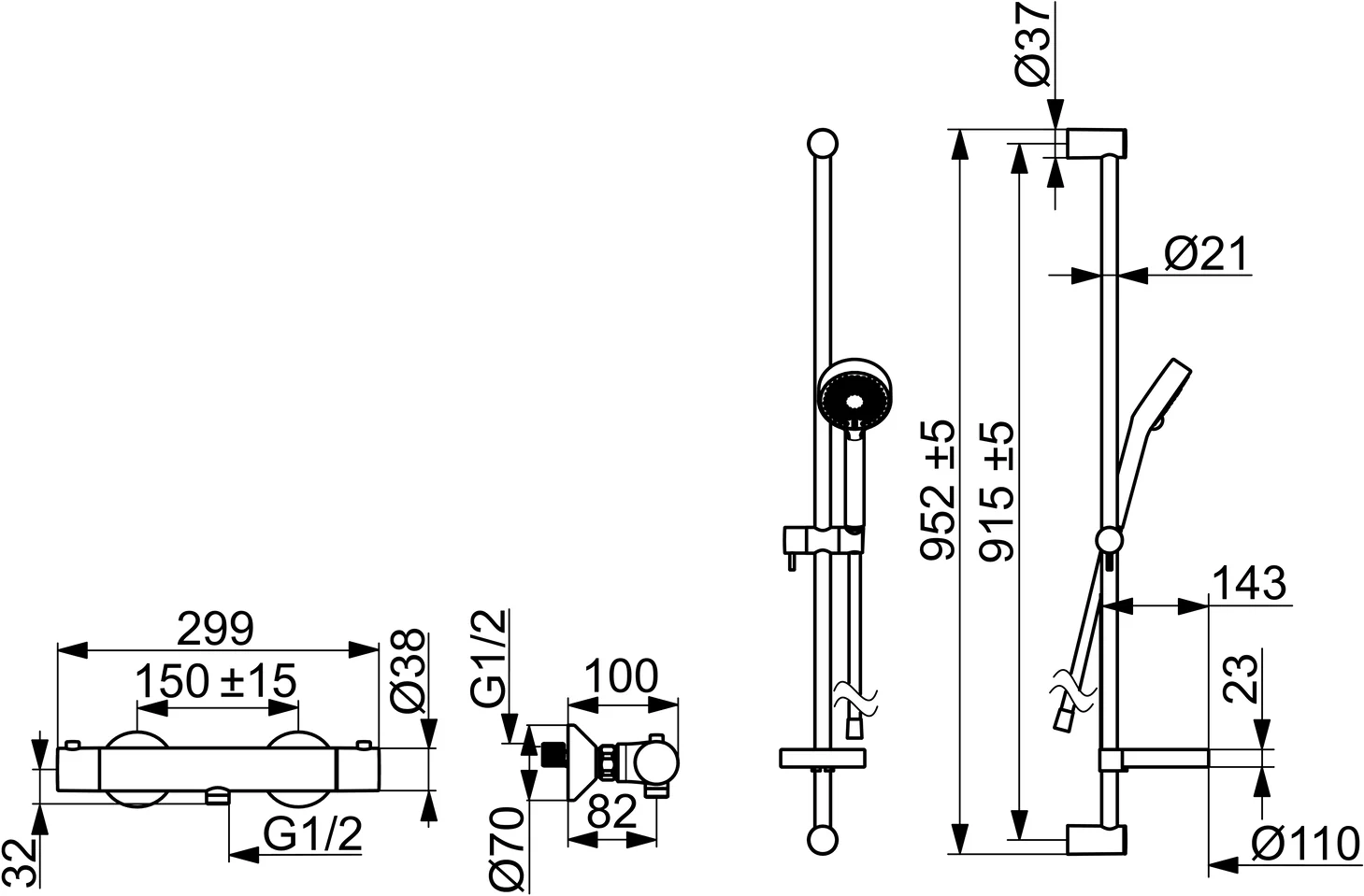 HansaUNITA Duscharmatur Hansaunita Brausebatterie mit Brausegarnitur HansaUNITA 4813 3-strahlig DN15 Chrom