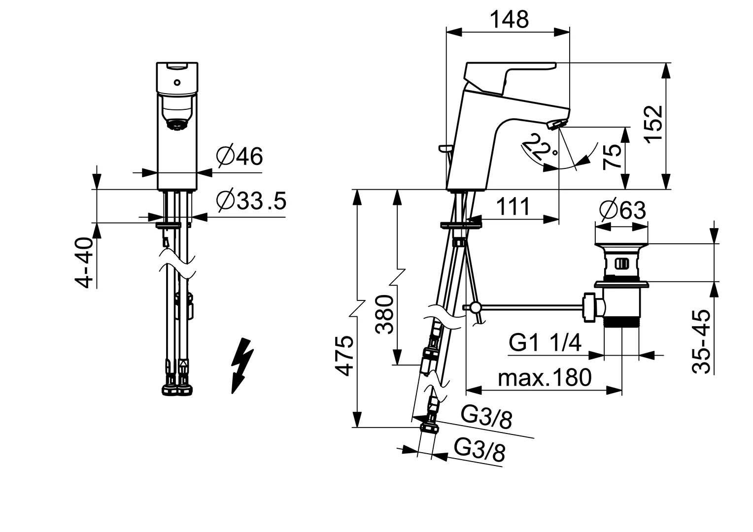 HansaPRIMO Waschtischarmatur Einhebelmischer HansaPRIMO XL 4938 Kupferrohr Zugstangenablaufgarnitur Ausladung 111mm Chrom