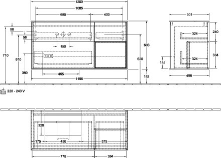 Villeroy & Boch Waschtischunterschrank „Finion“ für Schrankwaschtisch 120 × 60,3 × 50,1 cm 3 Schubladen, für Waschtischposition links, inkl. Beleuchtung links